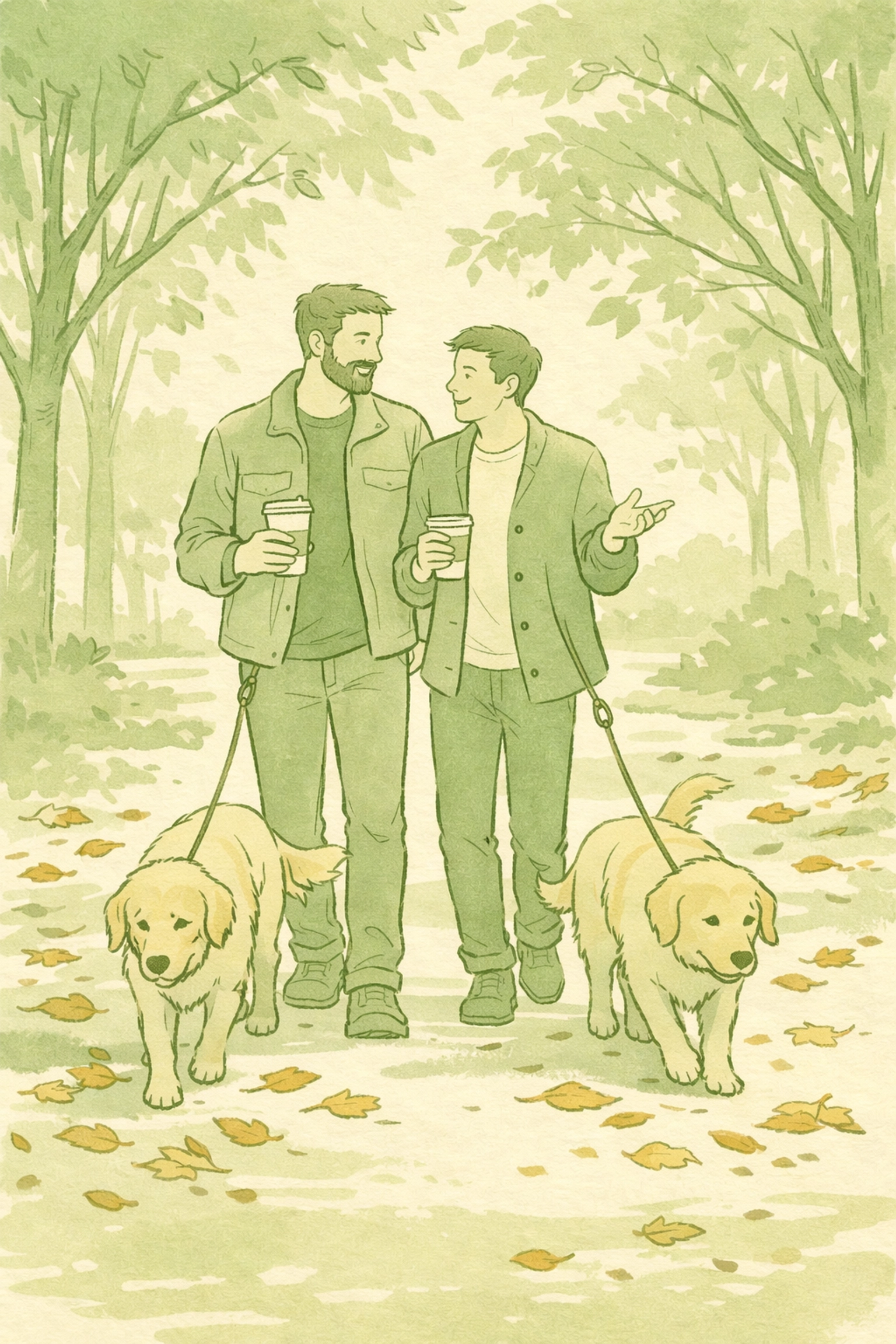 Gay couple walking golden retrievers together on autumn morning path