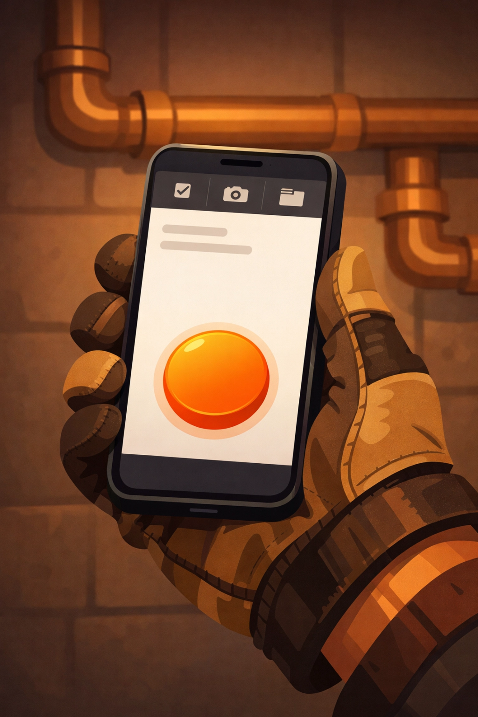 Contractor using a mobile contractor photo app to document plumbing repairs on a smartphone.