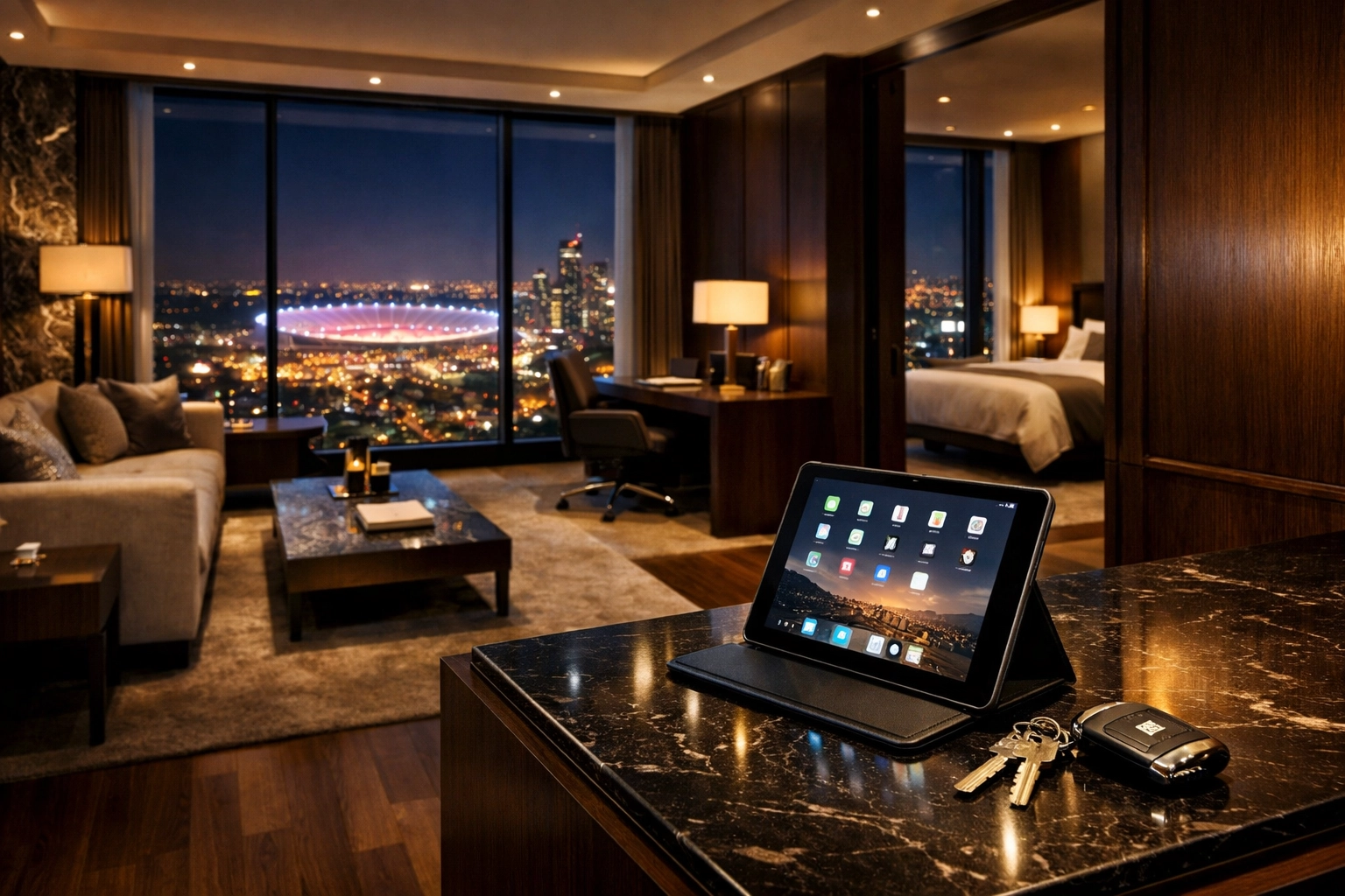PRESS RELEASE: Super Bowl Corporate Logistics Secrets Revealed: What Travel Experts Don't Want You to Know About Executive Movement Luxury executive hotel suite overlooking a host city for secure Super Bowl corporate travel housing.