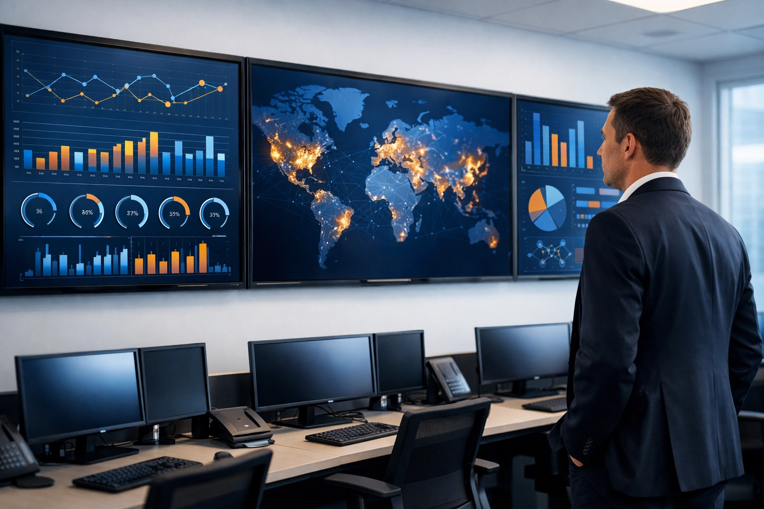 Professional business strategist analyzing revenue growth and data analytics in a Dakdan command center.