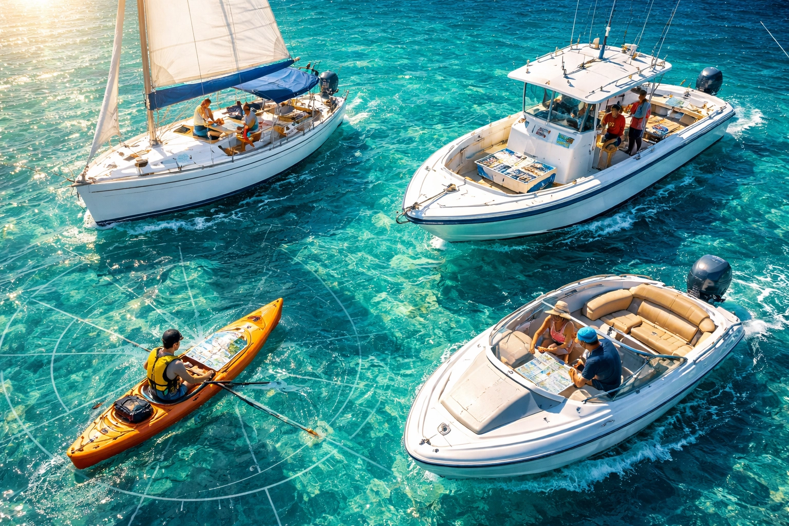 Various boats on coastal waters with laminated navigation charts, highlighting chart use for all boaters.