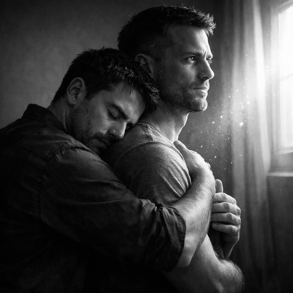 Two men sharing a supportive embrace in a quiet room, reflecting MM romance safe haven tropes.