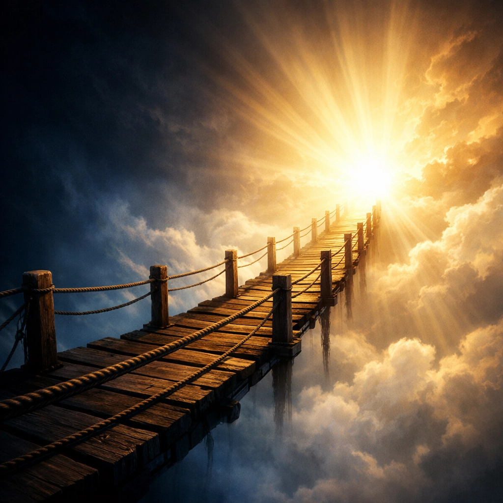 Bridge extending from darkness to golden light symbolizing Jesus as the bridge to God's salvation