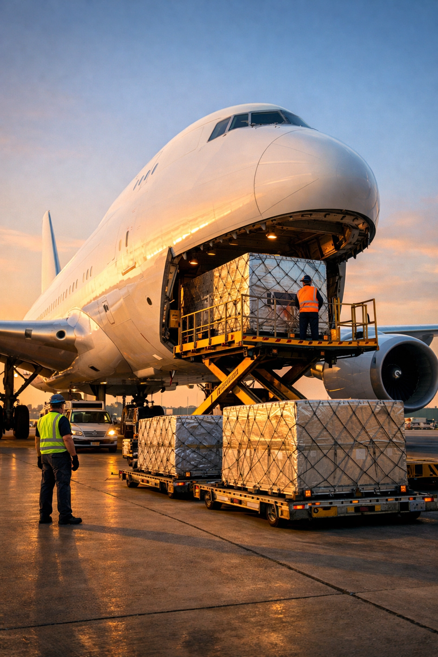 Ground crew loading cargo containers into aircraft for international air freight shipping