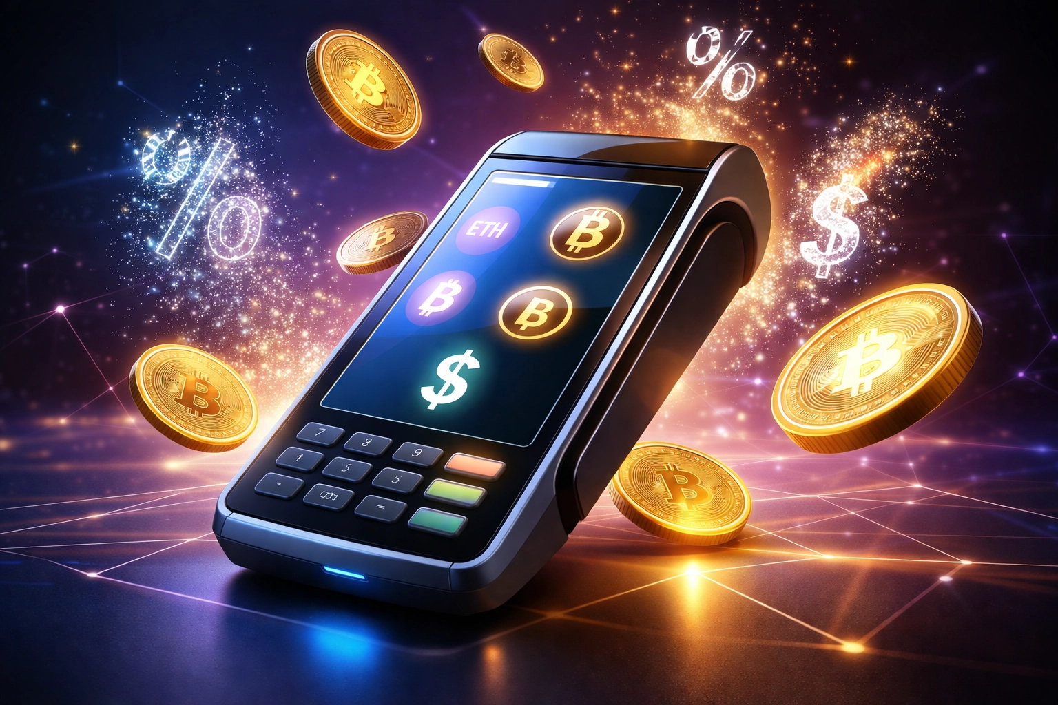 Crypto POS terminal surrounded by floating coins and blockchain graphics highlighting fee savings for merchants