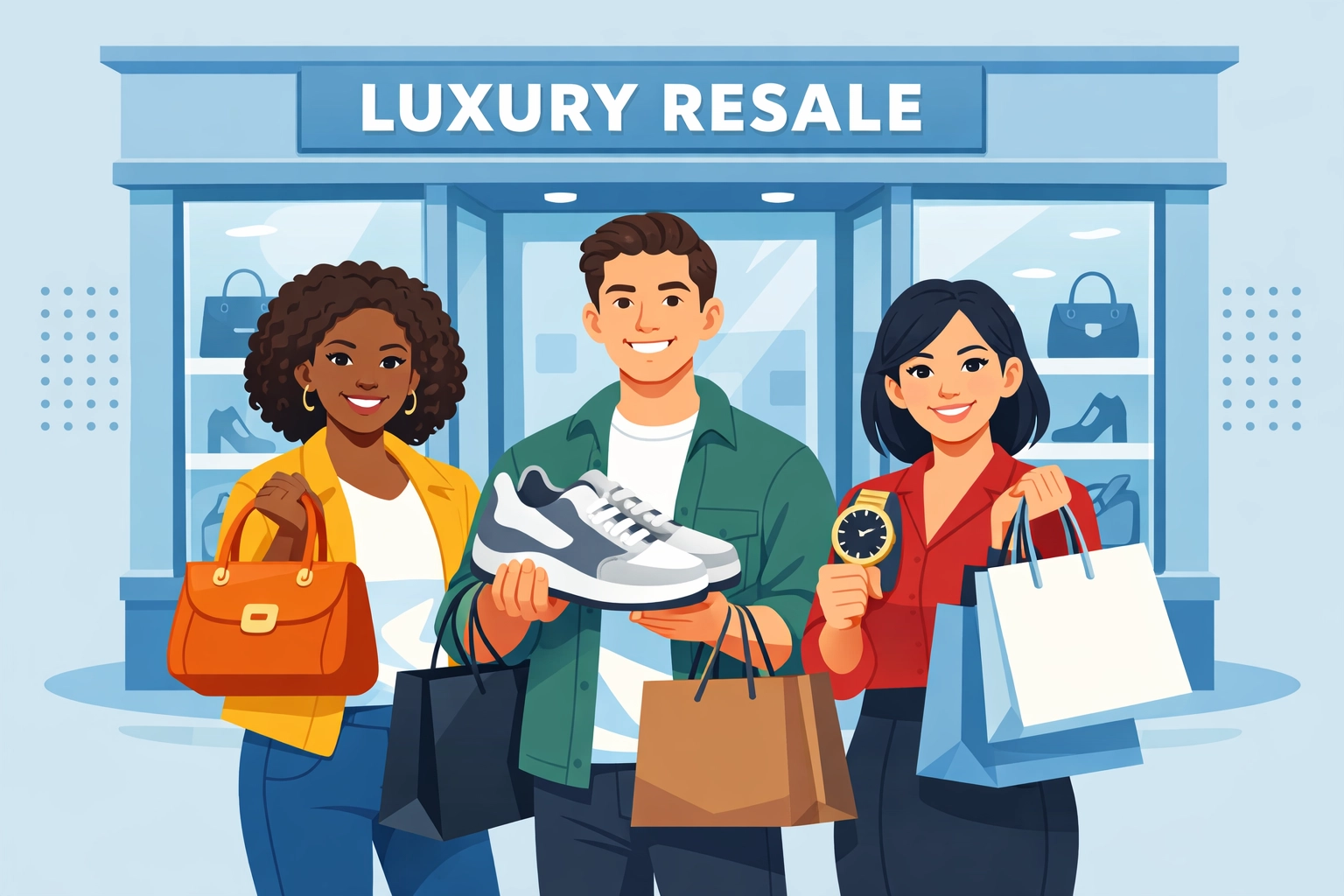 Confident shoppers at authenticated luxury resale store with verified designer items