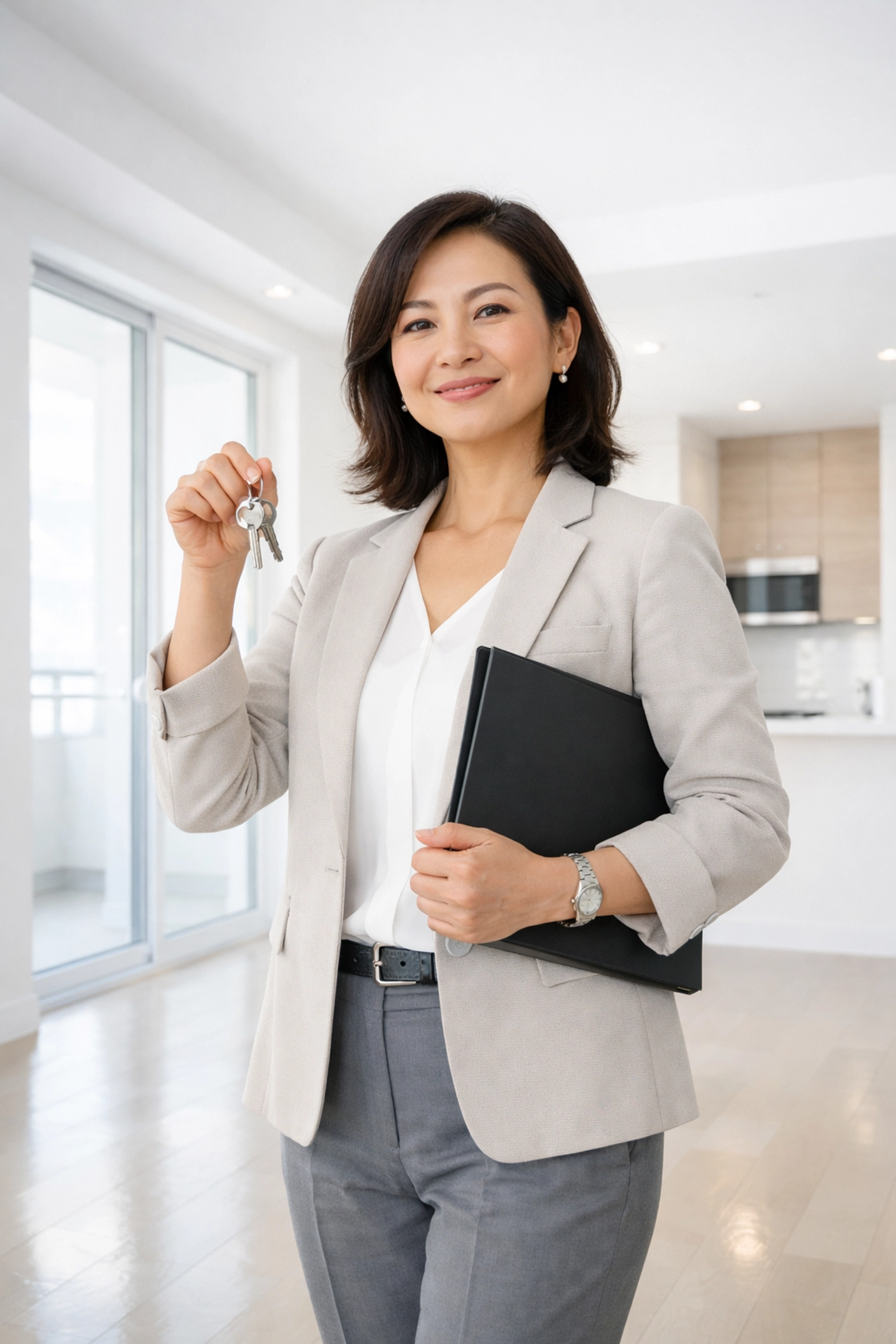 Property manager with keys to move-in ready apartment after successful turnover