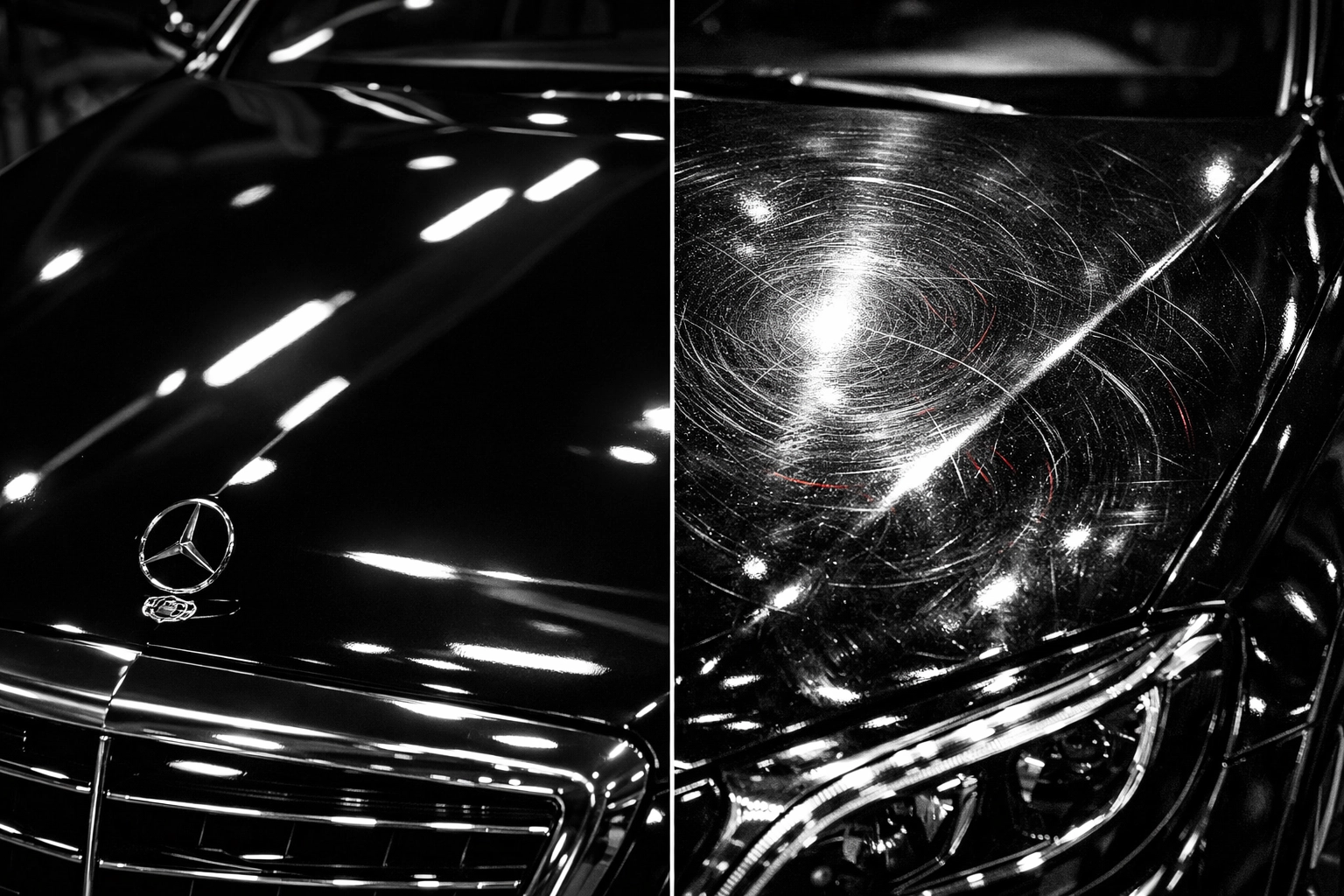 Comparison of pristine ceramic coating vs damaged paint with swirl marks from automatic washes