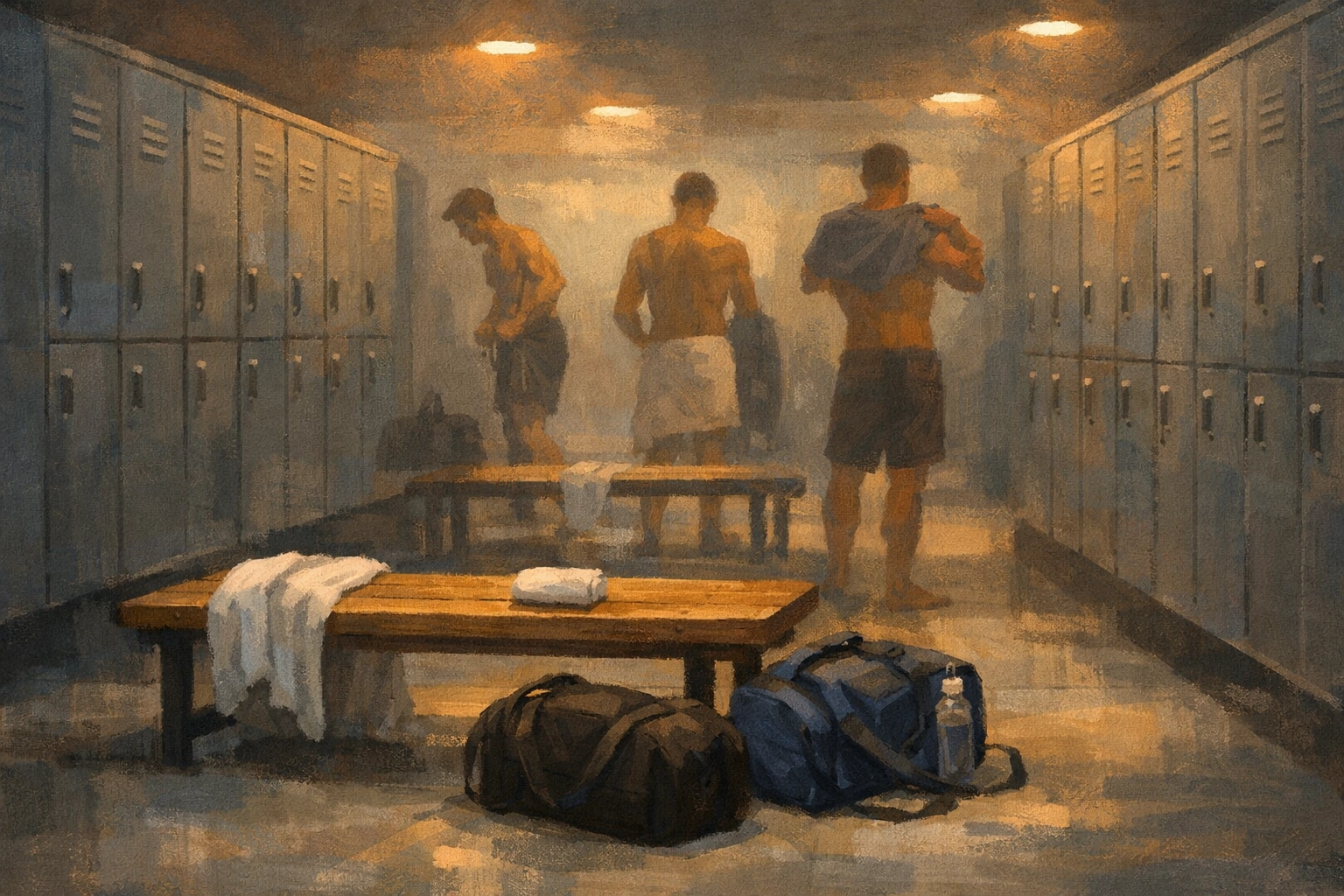 Modern gym locker room interior with men changing - LGBTQ+ community space