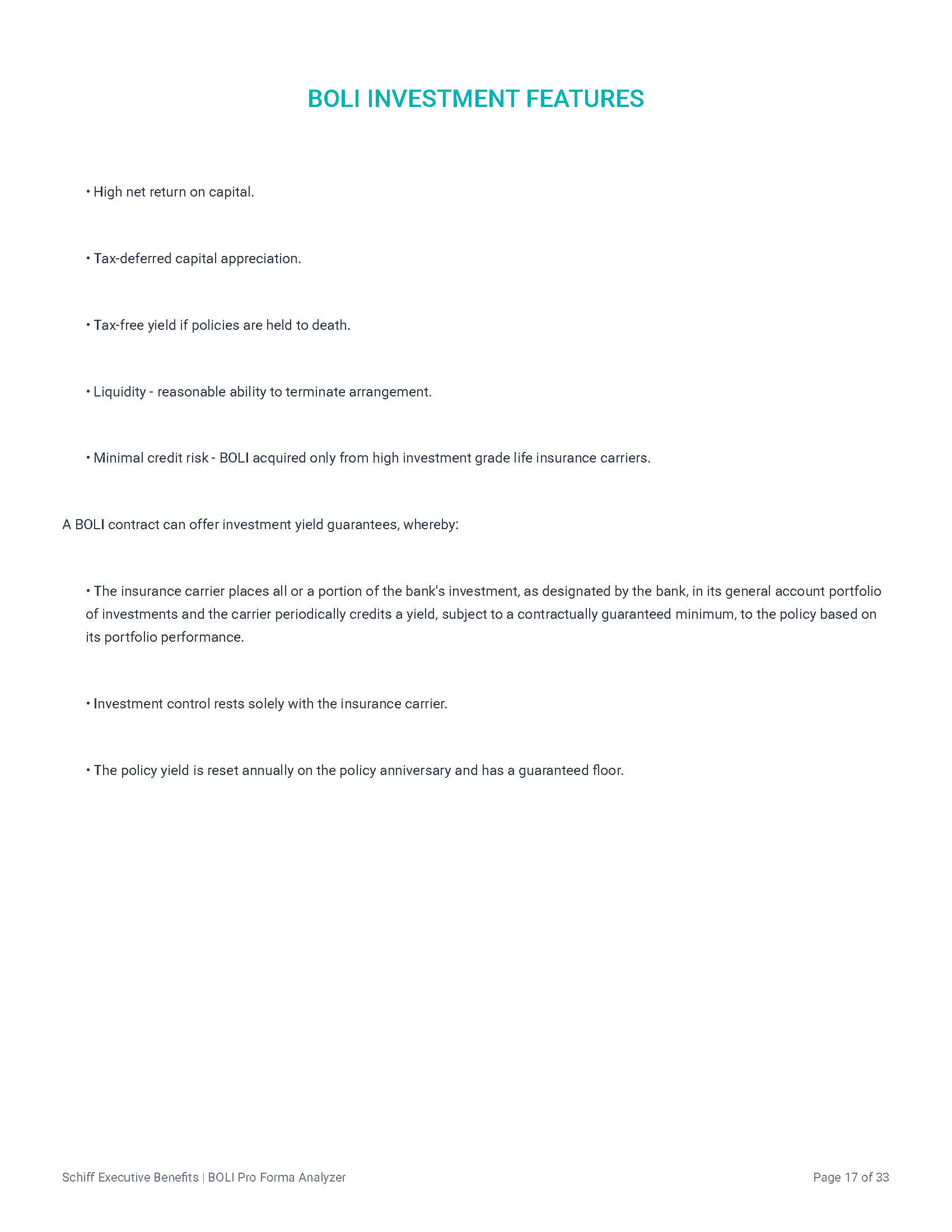 Lists key features of BOLI/COLI including tax-deferred growth and yield guarantees