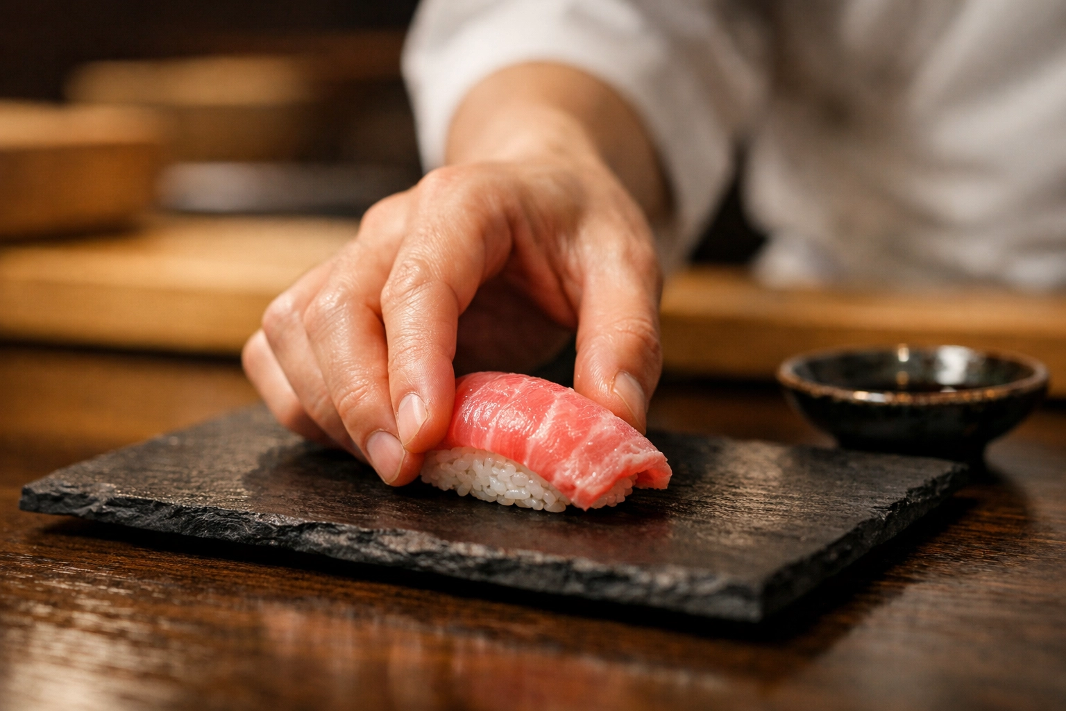 Sushi chef serving Otoro nigiri in Ginza, one of the best photography locations for foodies in Tokyo.