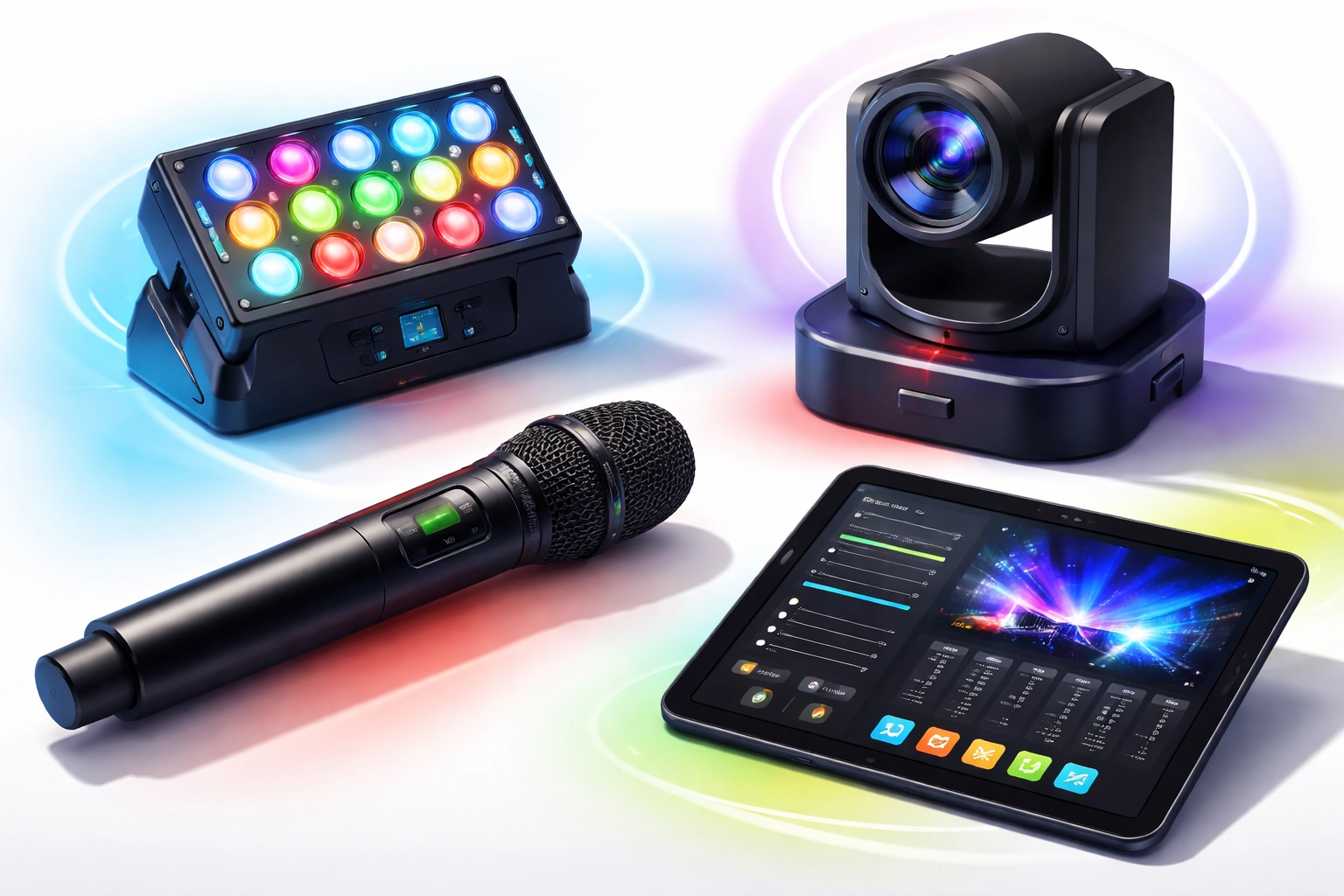 Modern event technology including microphones and streaming equipment showcases updated inventory available from centralized event rental services.