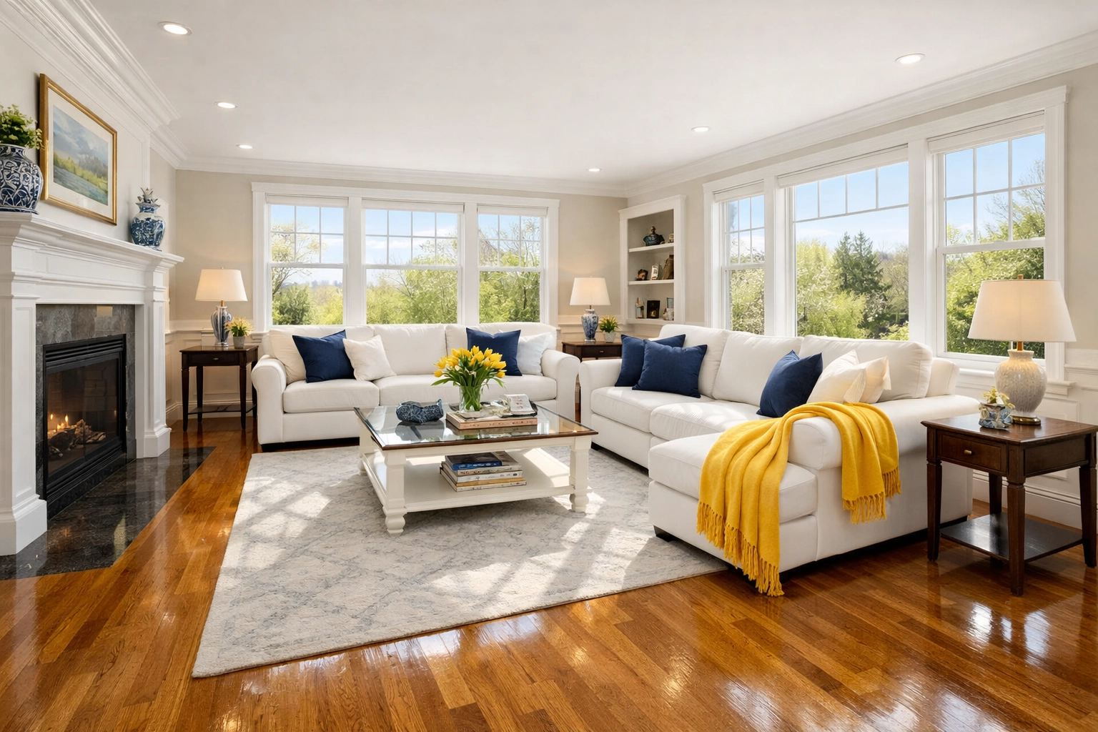 Sparkling clean living room in a Massachusetts home highlighting professional deep cleaning in Westborough.