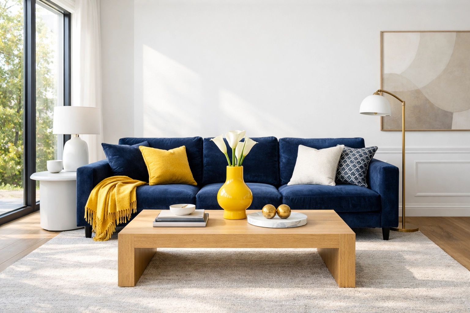 Pristine living room with a clean light oak coffee table, perfect for candle wax removal tips.