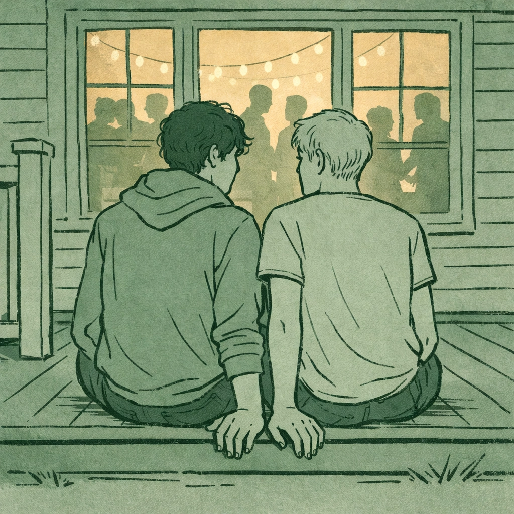 Step-brothers share intimate moment on porch away from family party in gay romance story