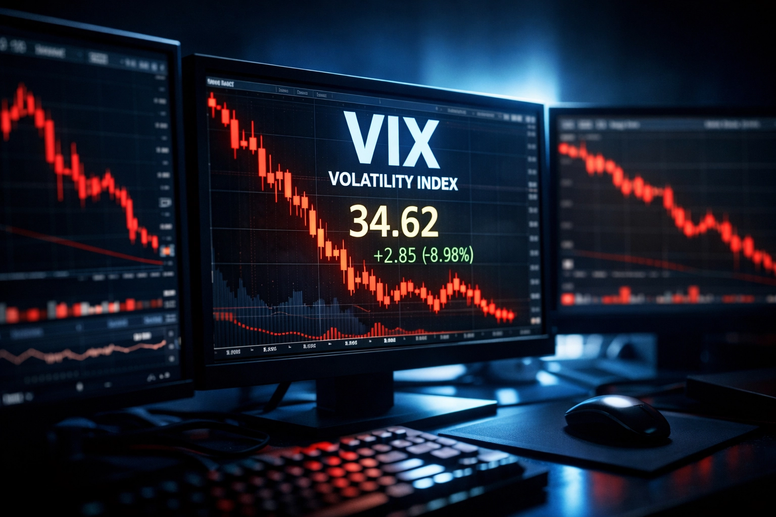 Trading desk monitors displaying market valuation metrics and financial charts