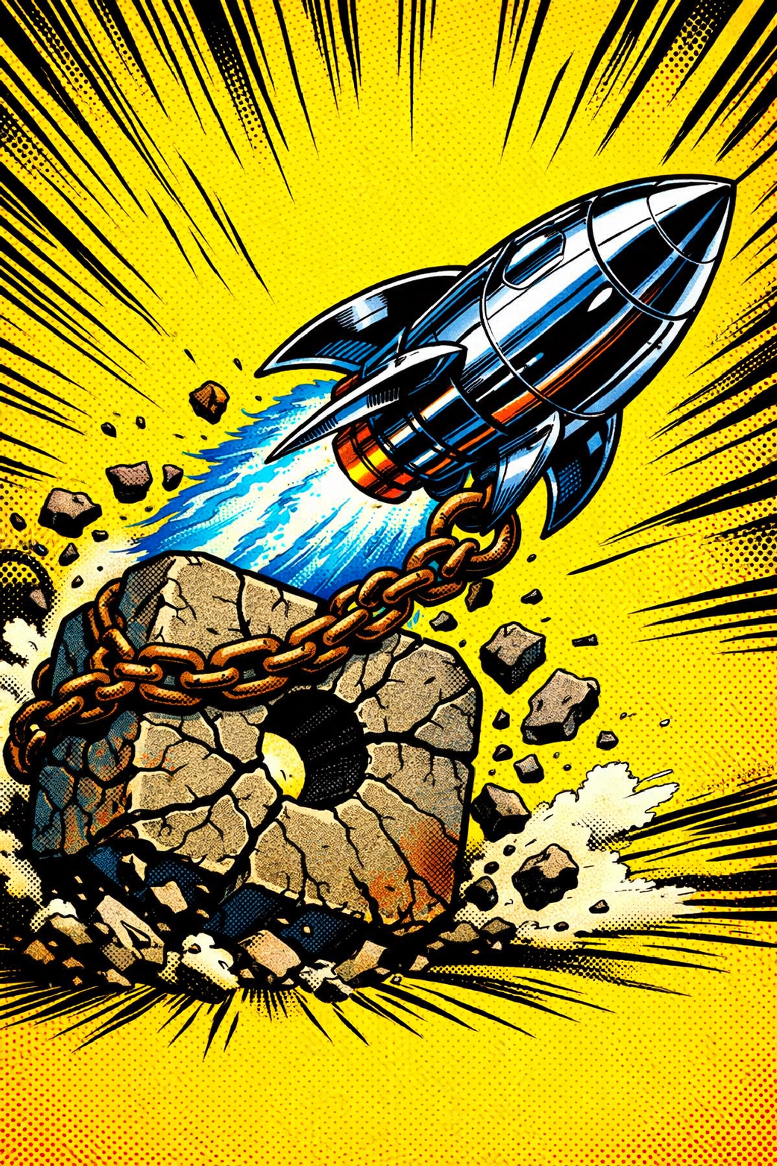 Futuristic rocket tethered to a stone wheel, illustrating the mistake of automating a broken business process.
