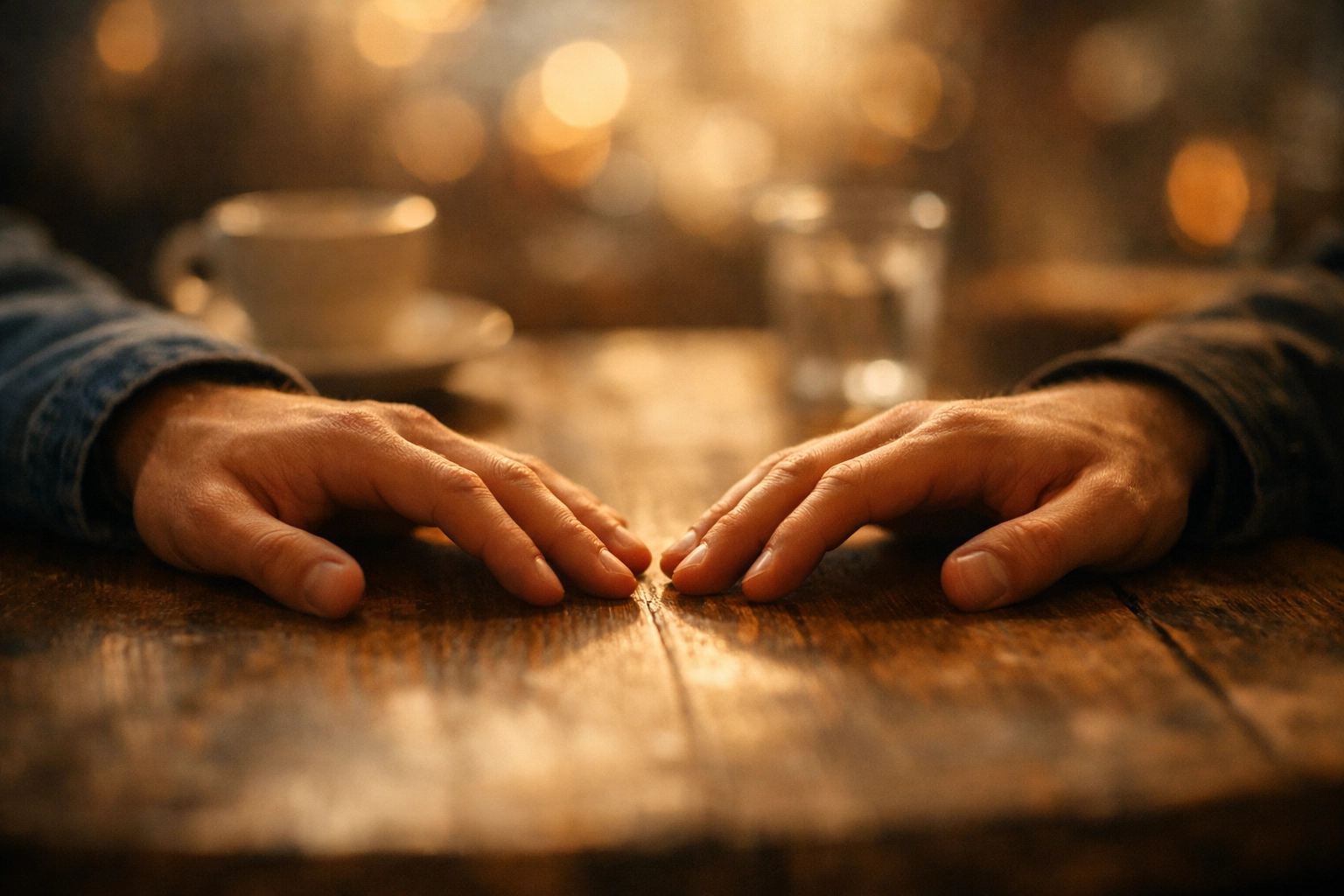 Two men's hands nearly touching on a cafe table, depicting the tension in slow burn MM romance books.