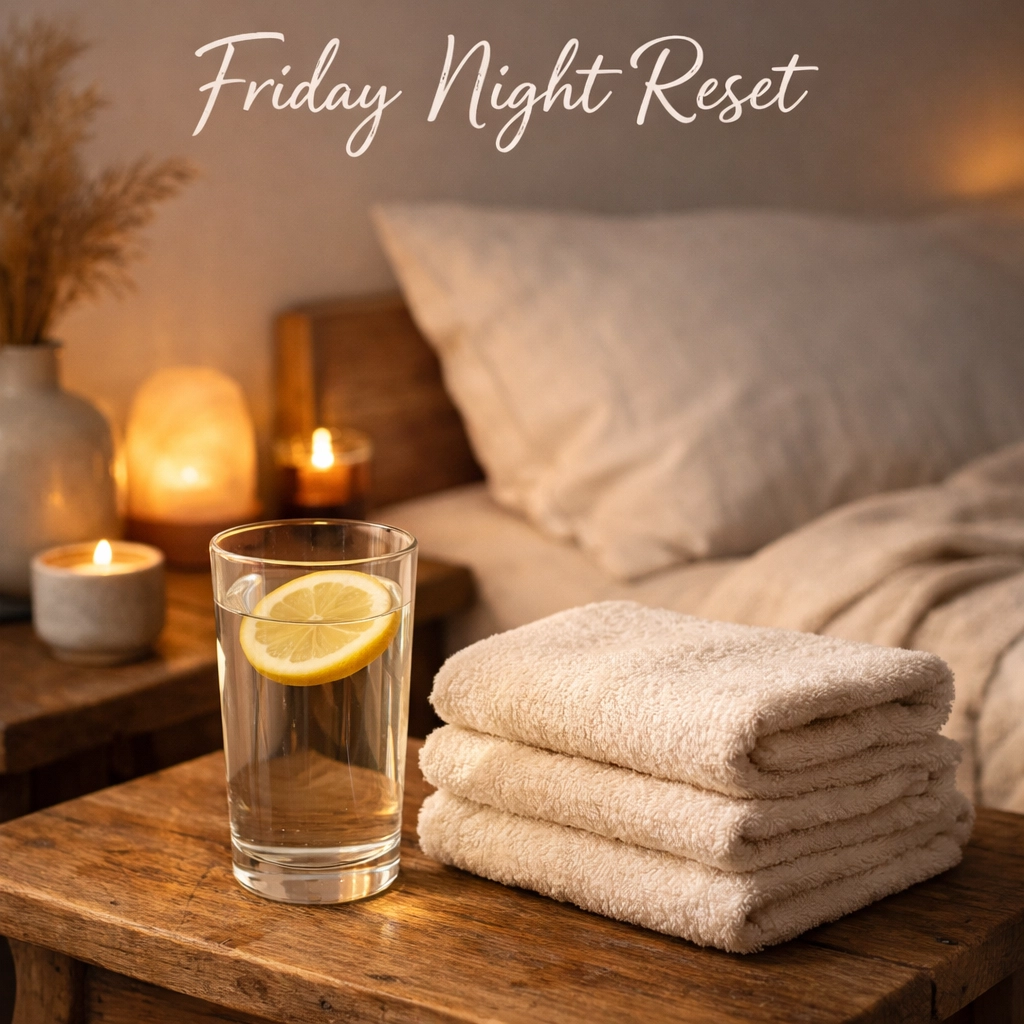Lemon water and soft cotton towels prepared for a calming Friday night reset using clean beauty for sensitive skin.
