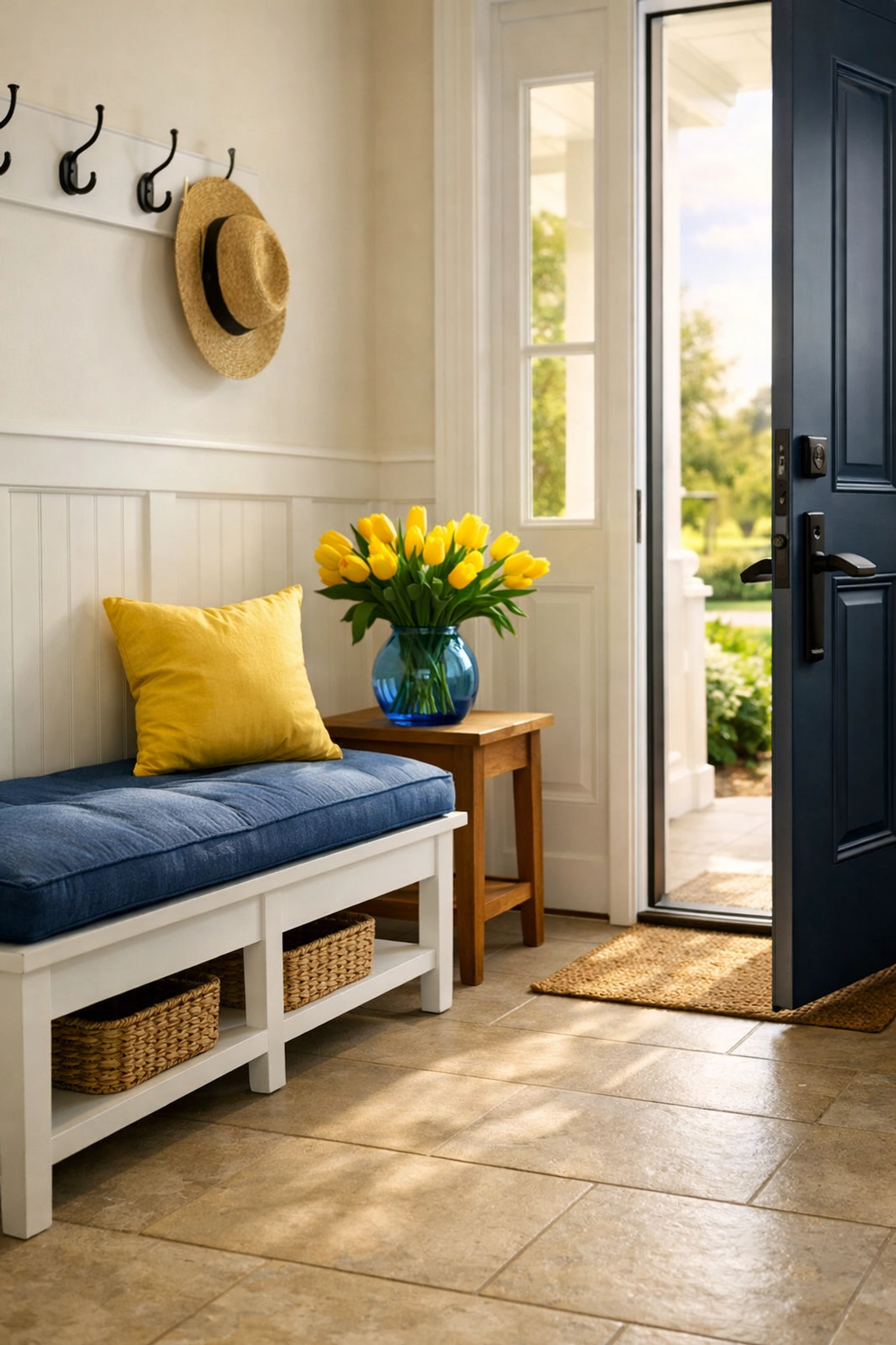 A spotless and welcoming Massachusetts home entryway with clean stone floors and the ultimate ninja-clean feel.
