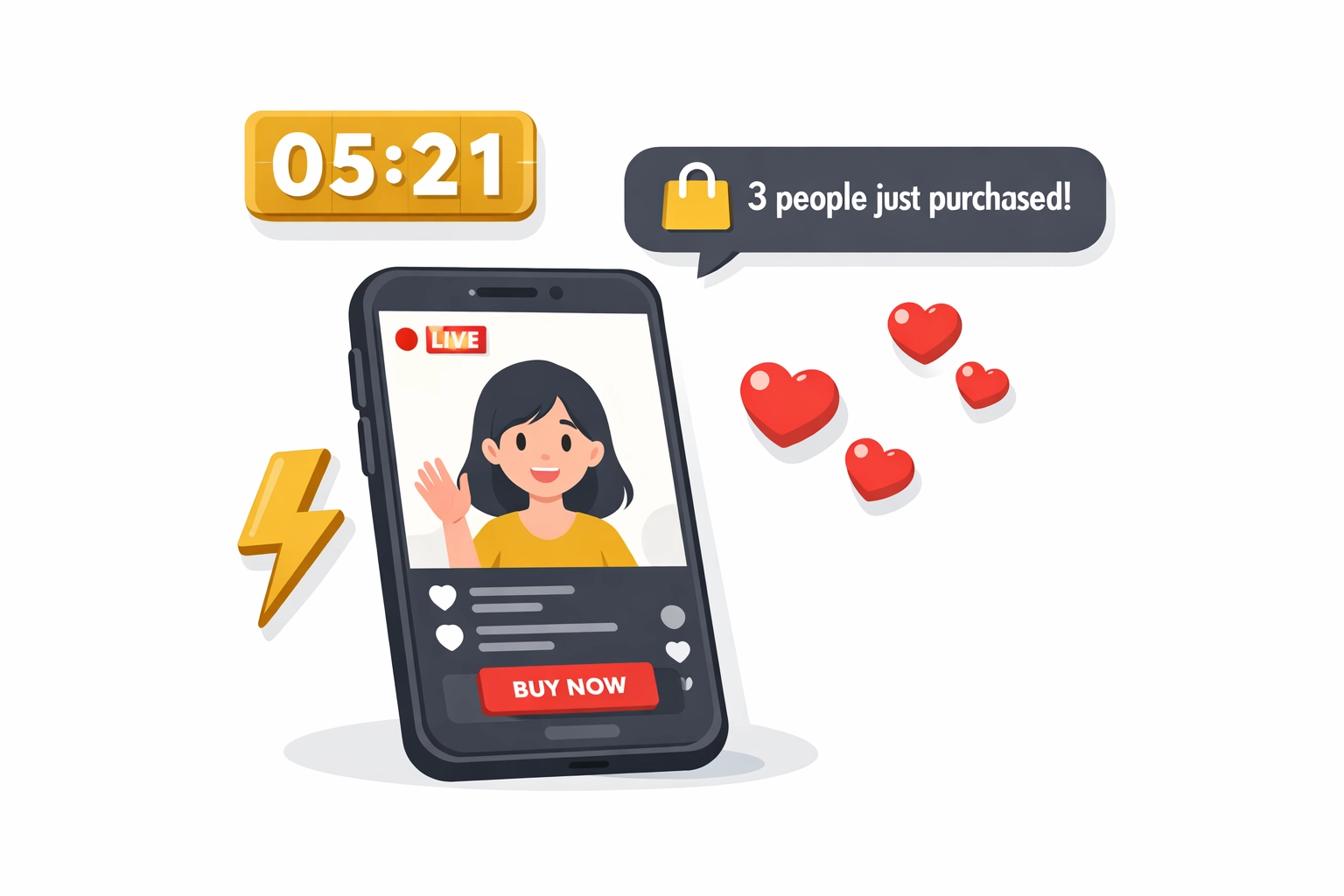 Mobile live stream shopping with real-time purchase notifications and countdown timer