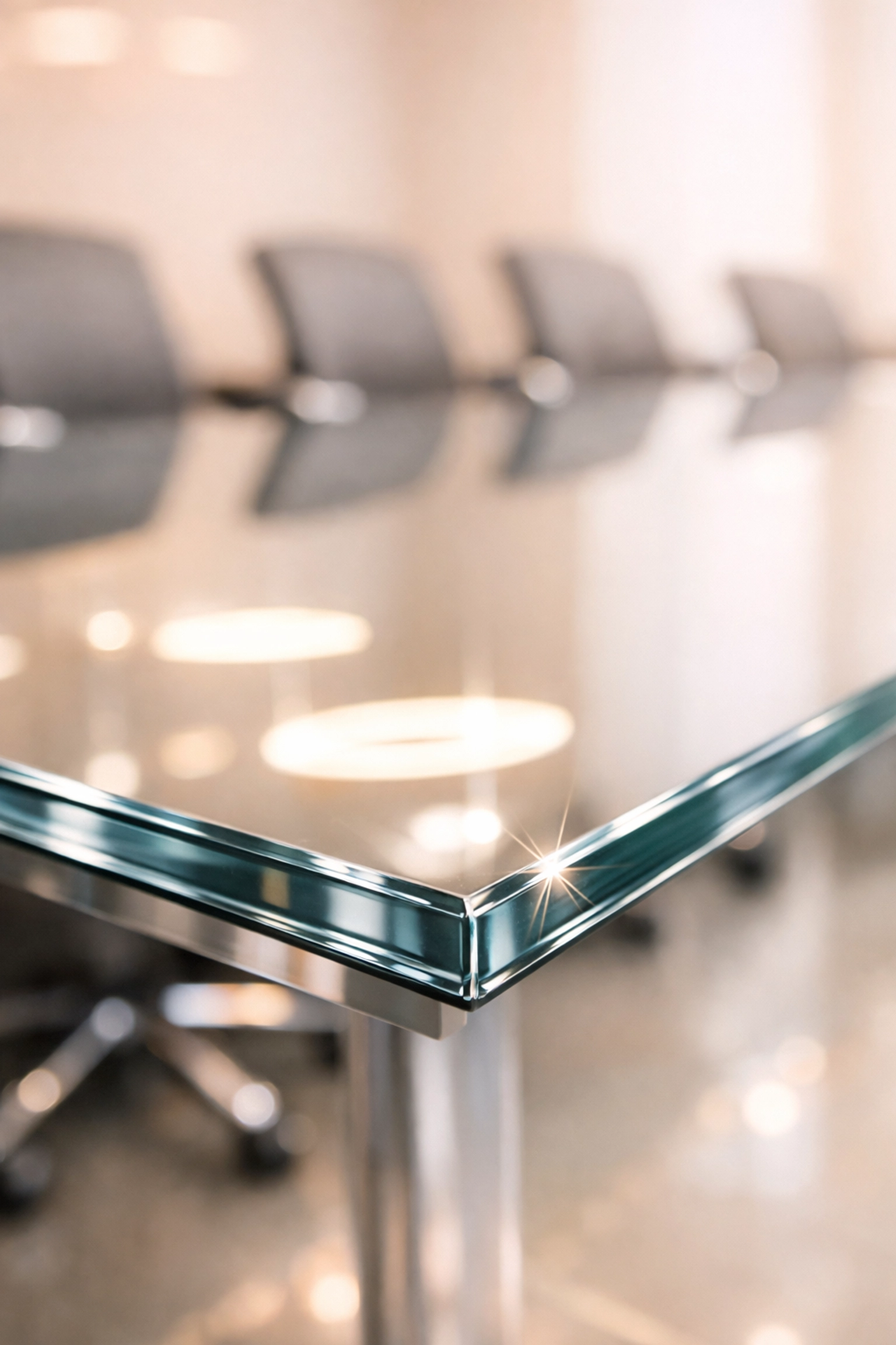 Spotless glass conference table reflecting sunlight after professional commercial cleaning in Cedar Falls.
