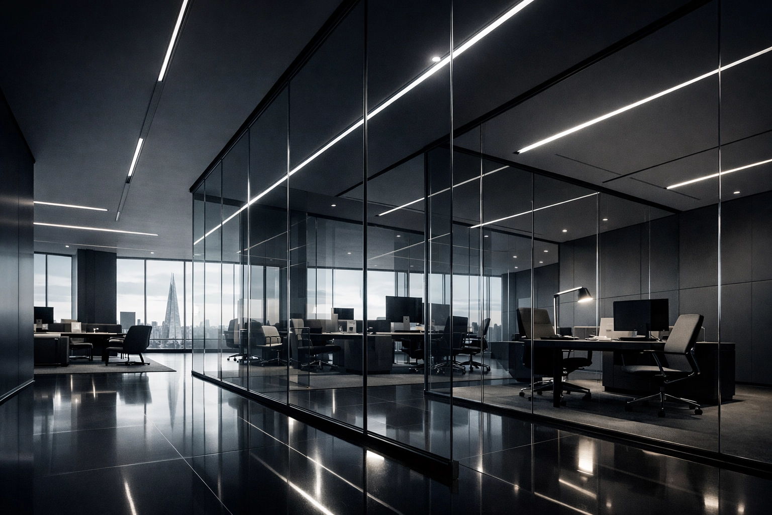 Modern office fit out in London featuring slimline glass office partitions for an open Cat B workspace.