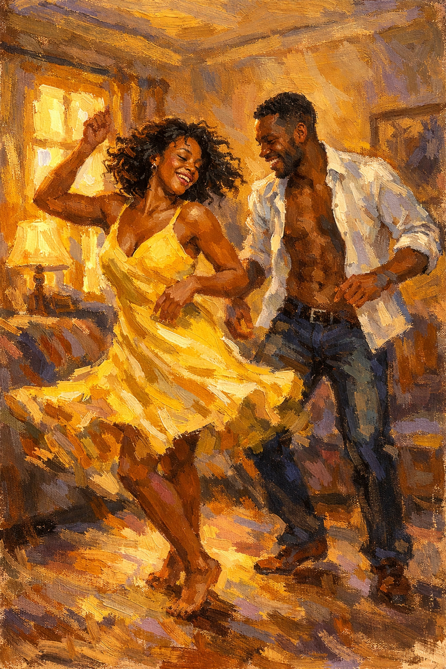 Black couple dancing together in living room celebrating Valentine's Day with joy