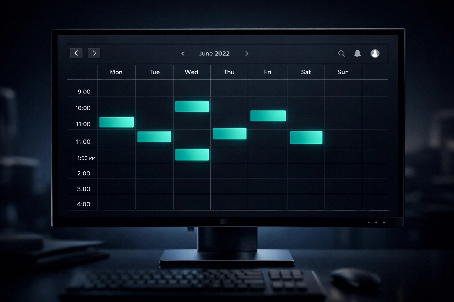 Dark mode sales calendar showing multiple booked demos and meetings generated by an automated AI SDR agent.