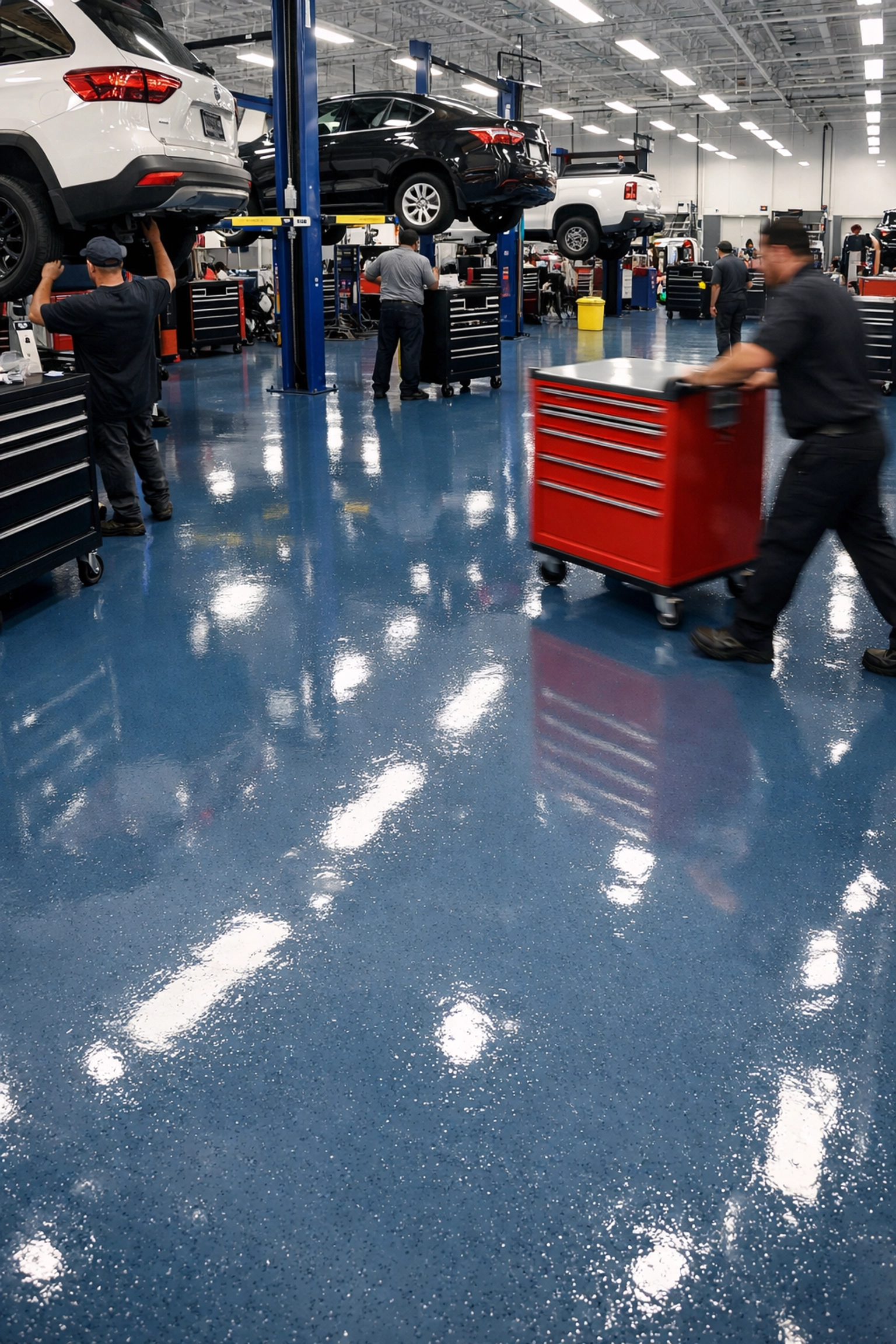 Durable polyaspartic shop flooring in busy Brandon MS auto repair facility