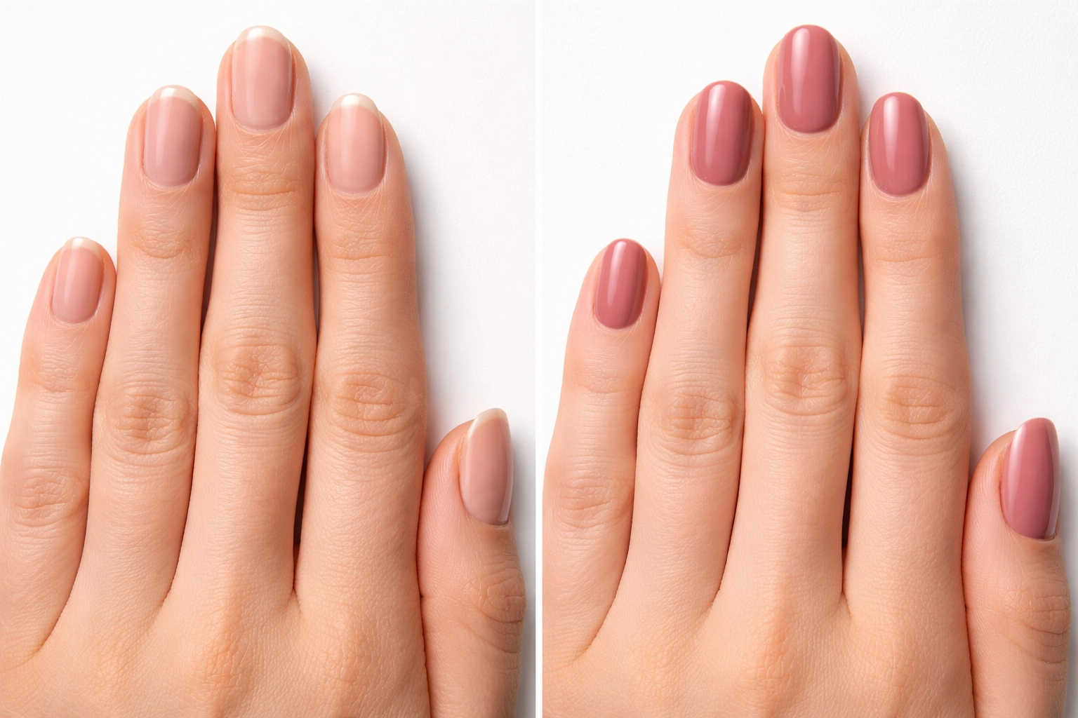 Before-and-after hands showing cuticle transformation after a Russian manicure, highlighting nail health results.