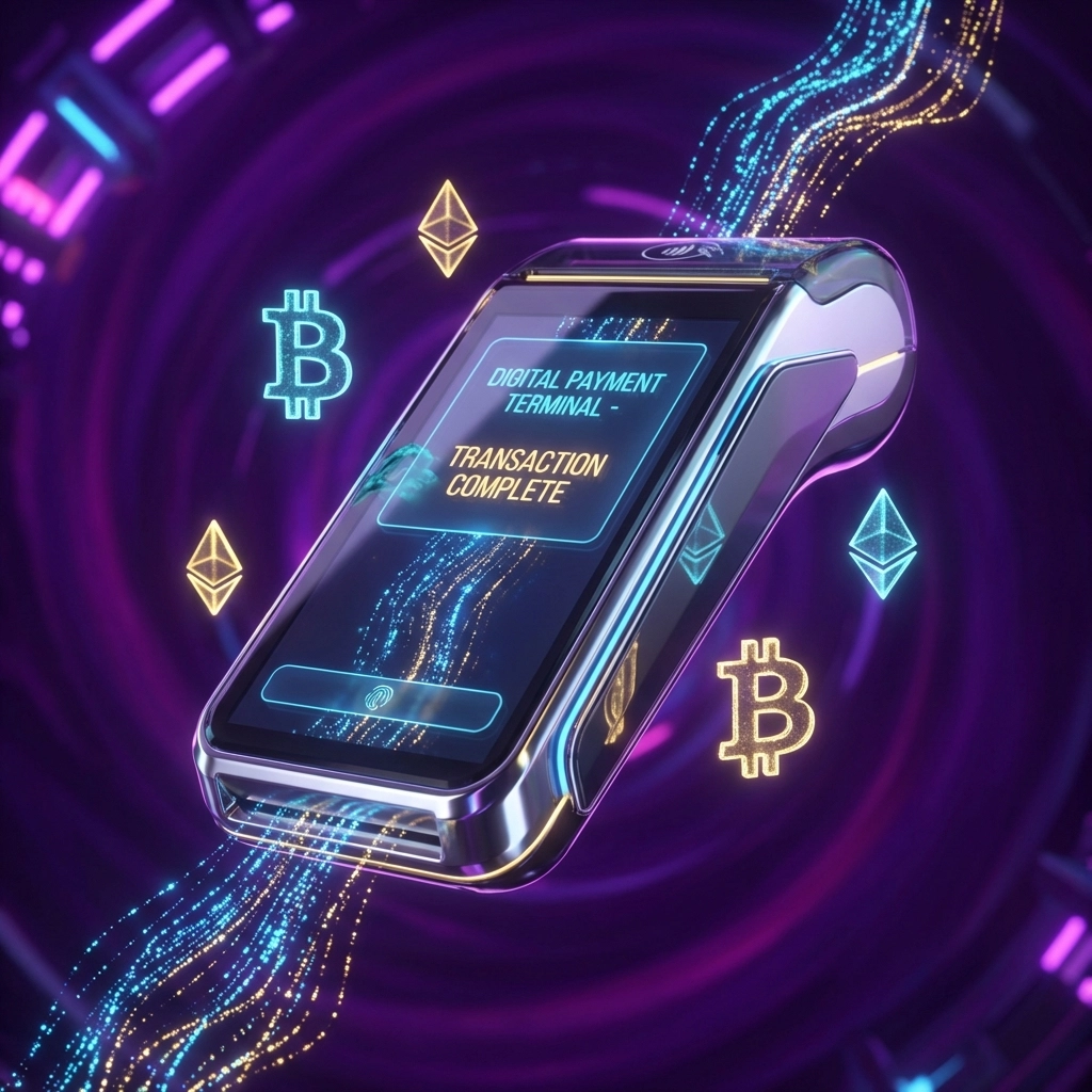 A futuristic digital payment terminal surrounded by cryptocurrency icons, symbolizing advanced Web3 payment solutions for enterprises.
