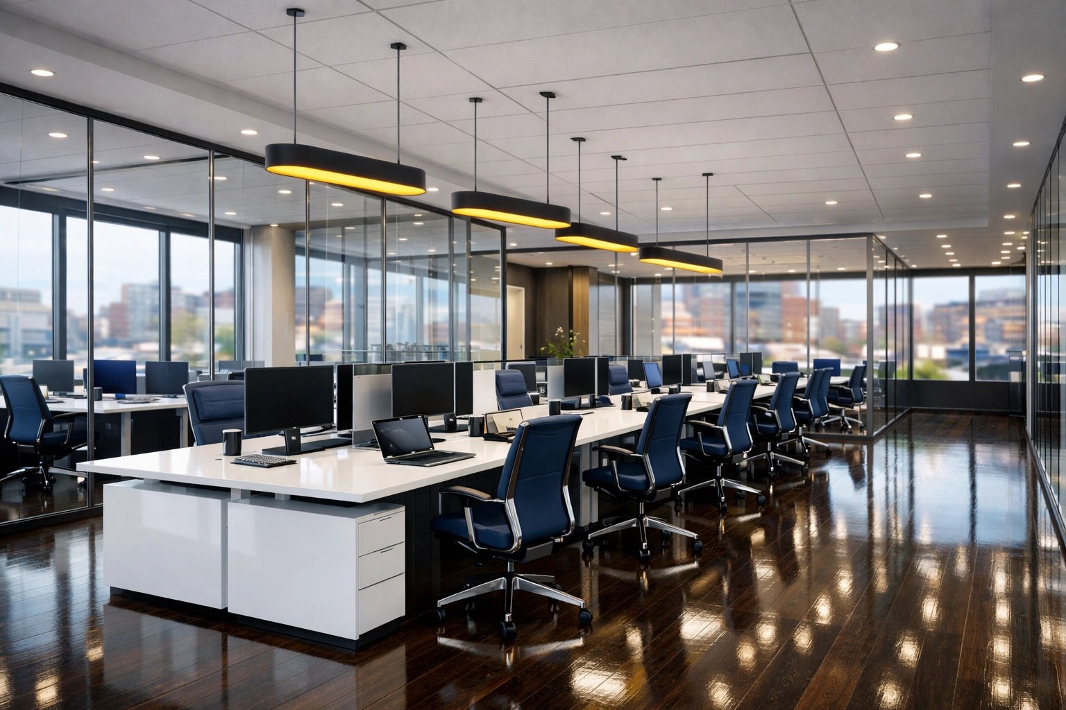 Modern sanitized workspace in the Canal District showcasing professional office cleaning Worcester services.