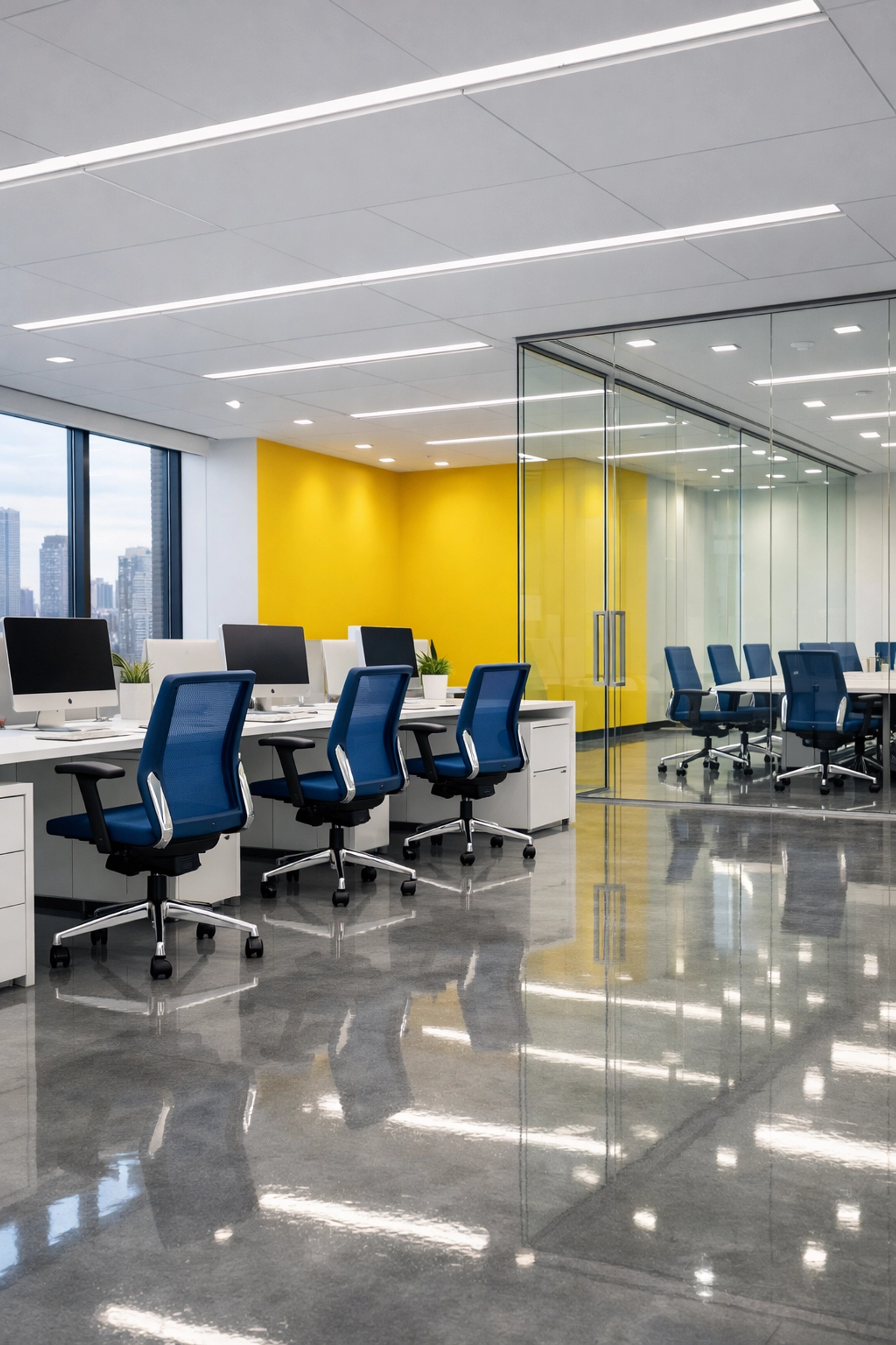 Modern Boston office featuring pristine floors and sanitized desks from commercial cleaning services near me.