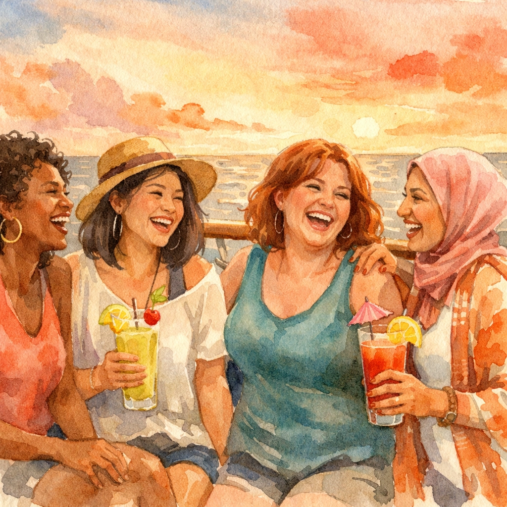 Single moms enjoying friendship and community on a 2027 group cruise deck at sunset