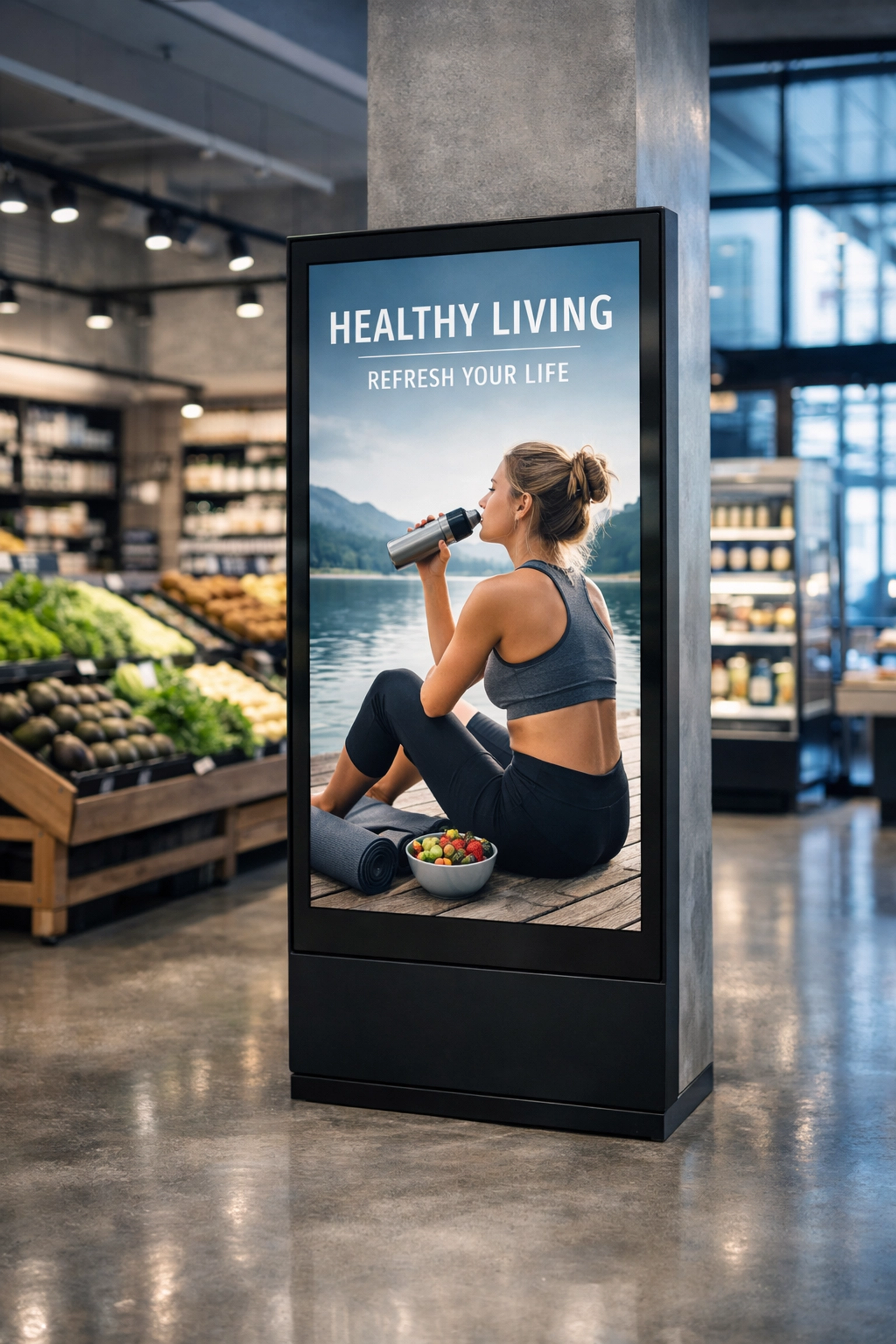 Digital advertising screen in a modern grocery store showcasing venue-targeted DOOH ads within a 2.5-mile radius.
