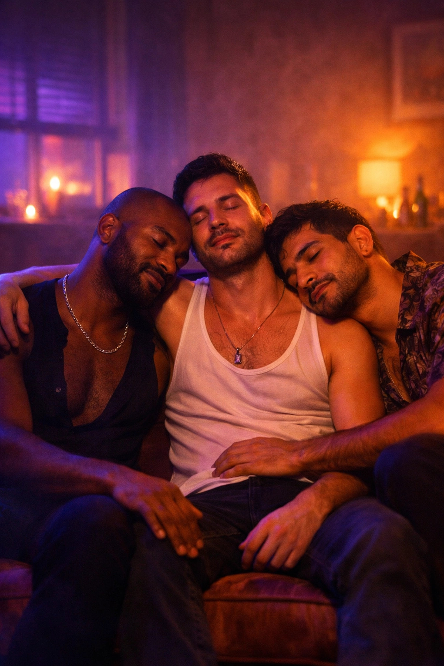 Three gay men sitting together in a neon-lit room, experiencing shared euphoria in the group scene.
