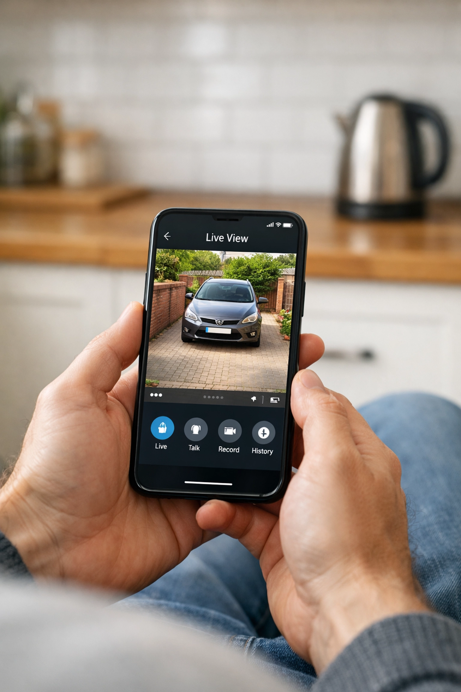 Checking a live CCTV installation Oxford feed on a smartphone for remote home security monitoring.