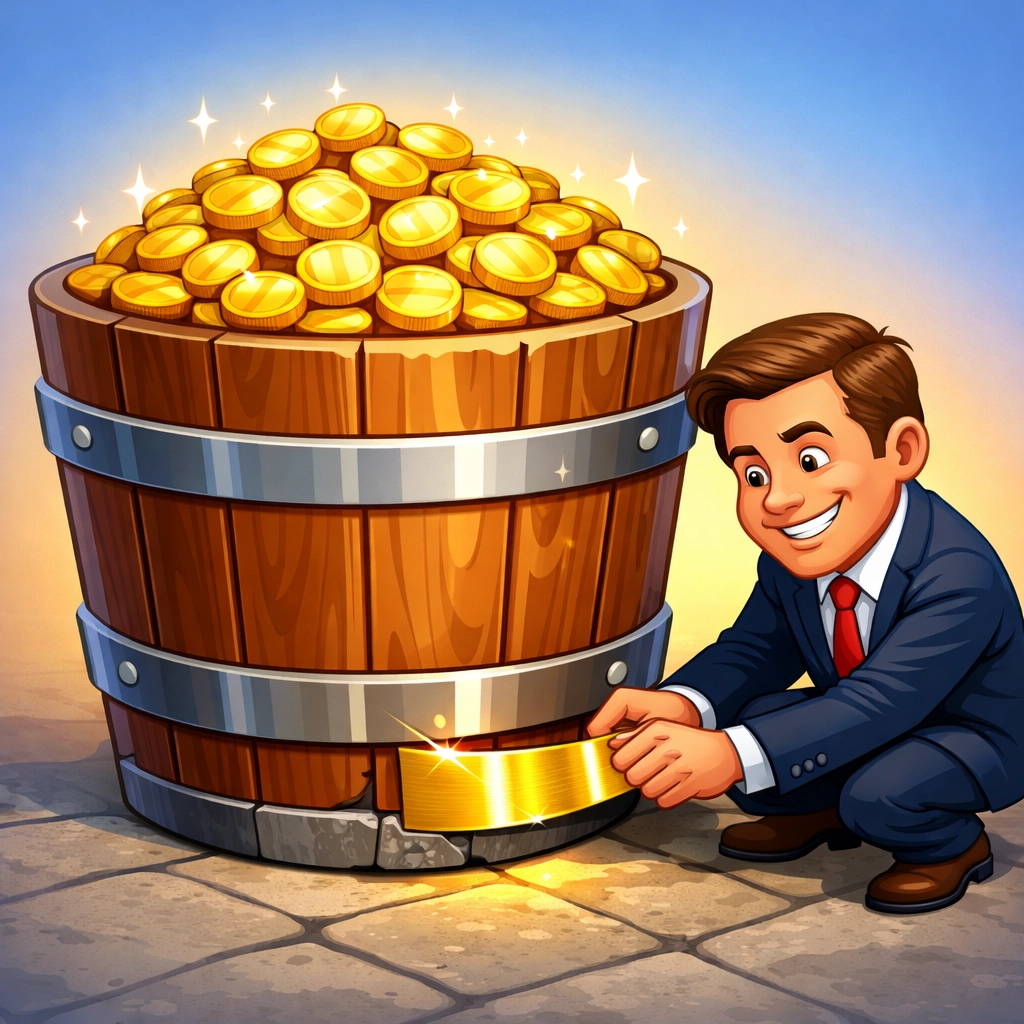 Business owner sealing a leaky bucket overflowing with gold coins to improve lead conversion rates.