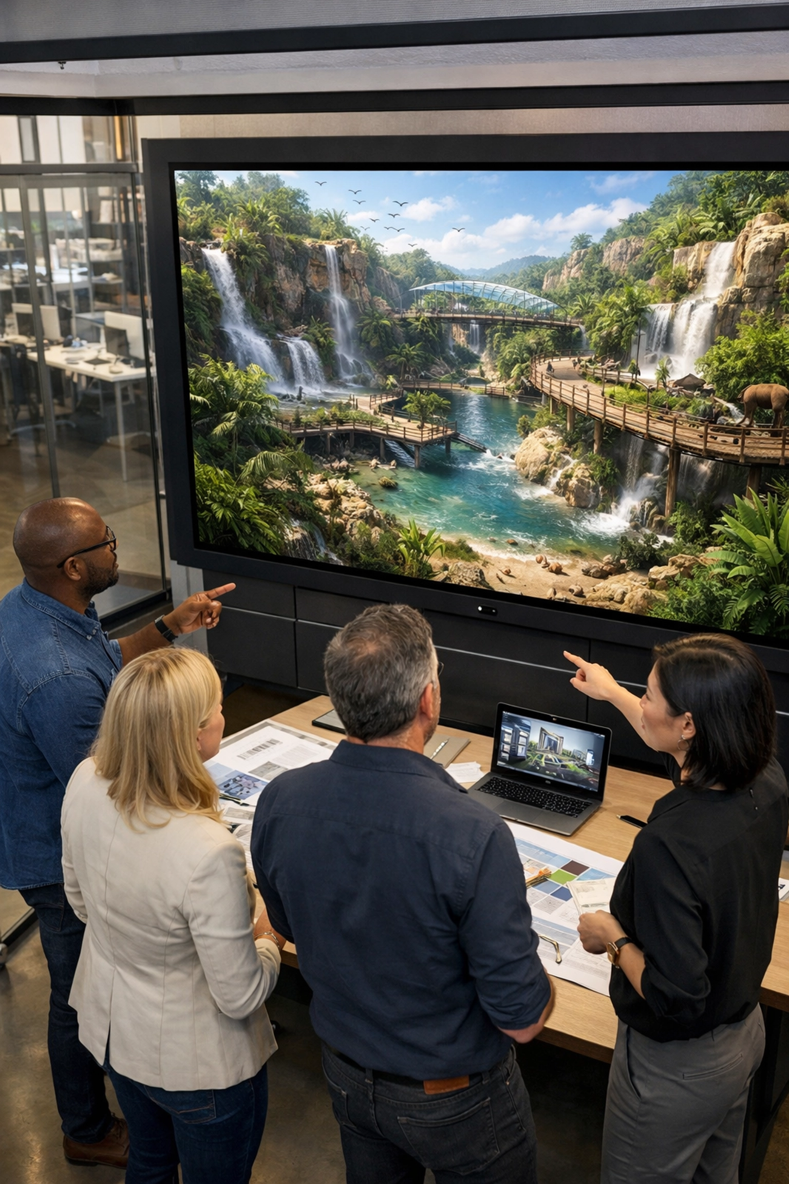 Professional branding agency team reviewing an immersive tropical zoo habitat design in a modern studio.