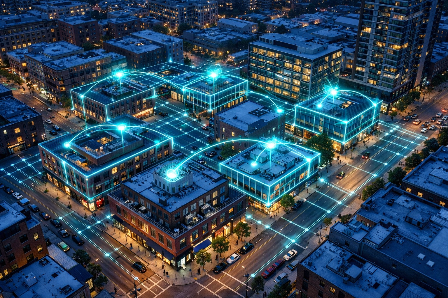 Drone view of an urban neighborhood with a digital grid representing hyper-local SEO connectivity.