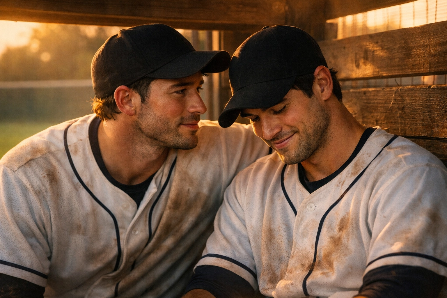 Two male baseball players sharing a romantic moment in the dugout, representing a teammates-to-lovers MM romance trope.