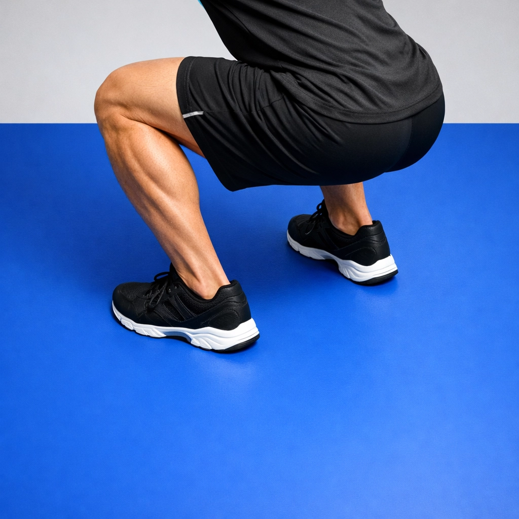Athlete in a deep squat position demonstrating the loading phase of a plyometric jump.