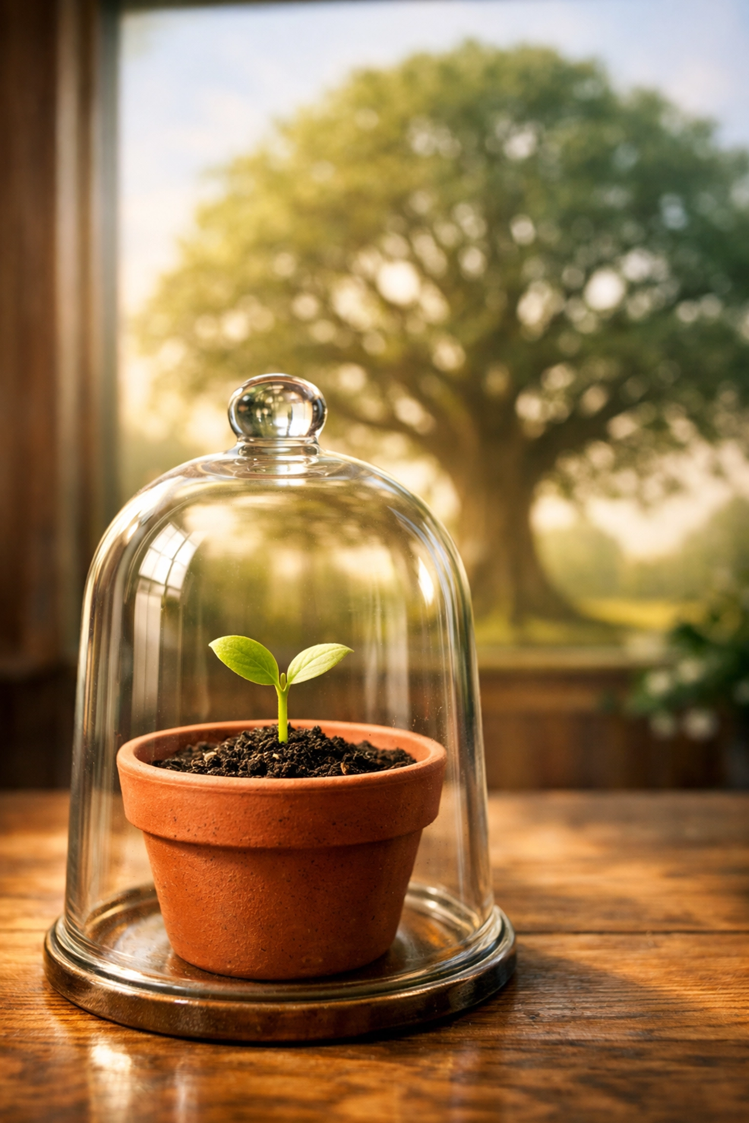 A small plant protected by a glass dome, illustrating the growth and protection of a small business.