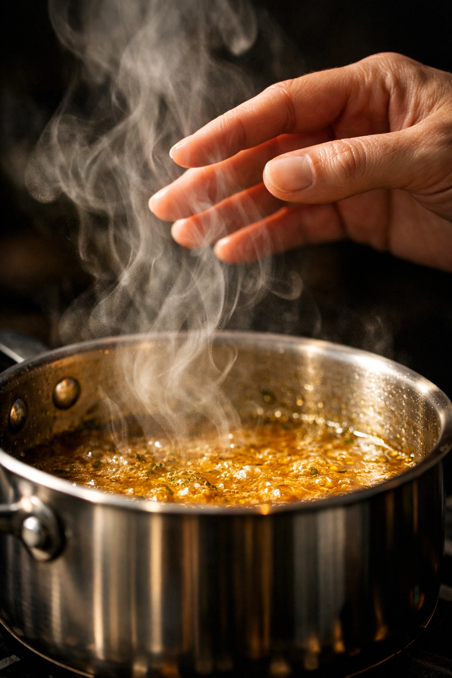 Close-up of a hand wafting steam from a saucepan to evaluate flavor through sensory cooking skills.