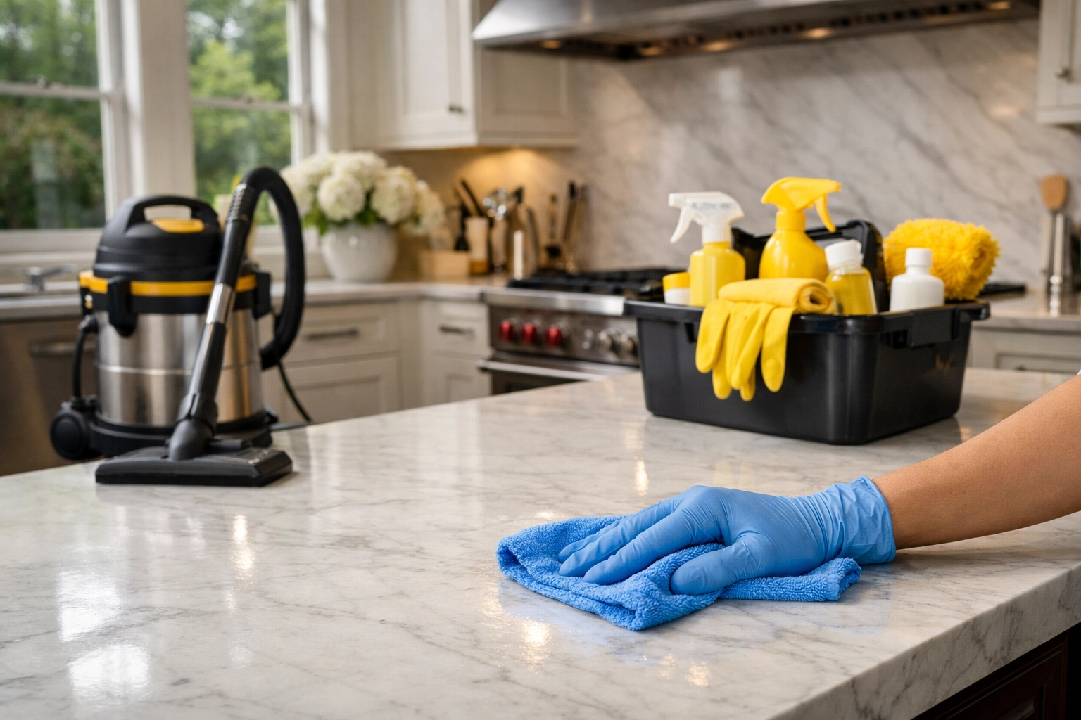 Professional cleaning services deep cleaning a modern kitchen marble island for peace of mind.