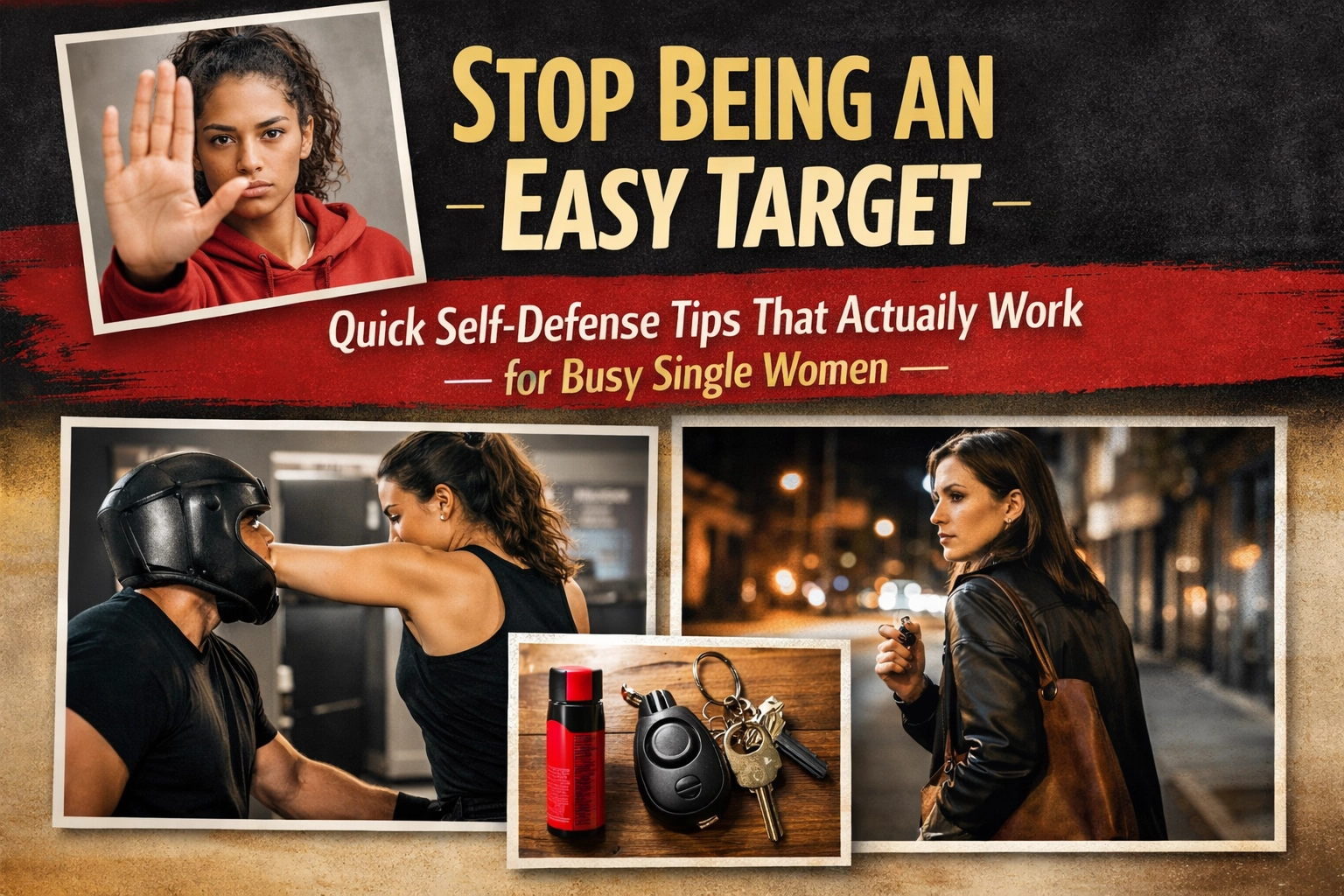 Title image: 4 images; top left a woman in a red hoodie holding her right hand up in the "stop" gesture; bottom left, a woman strikes a man in fighting gear with her left elbow; bottom right a woman walks alone on a city street holding a personal alarm. Middle bottom: a picture of self-defense spray, a personal alarm and keys. Stop Being an Easy Target: Quick Self-Defense Tips That Actually Work for Busy Single Women