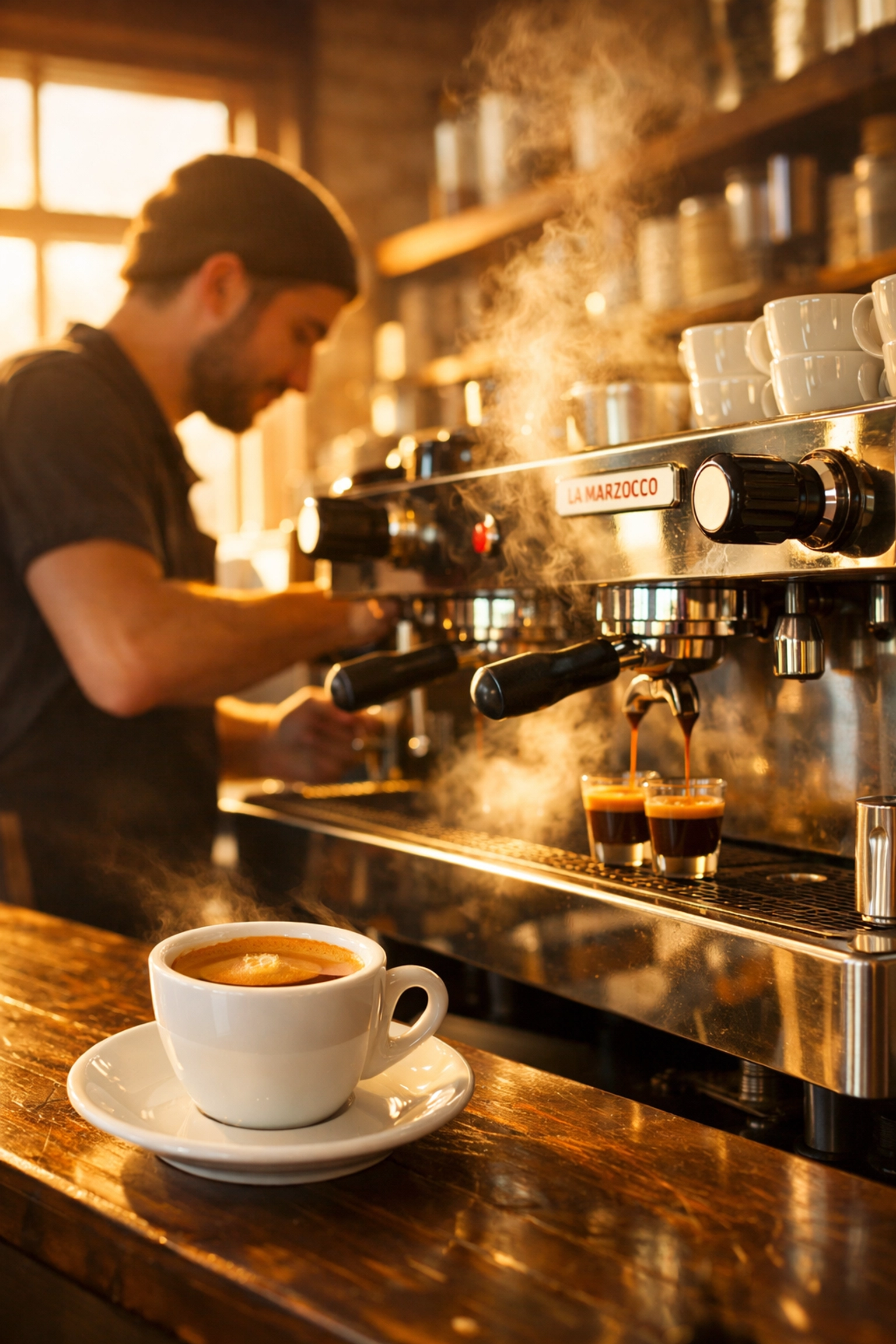 Barista pulling espresso shots at specialty coffee shop counter