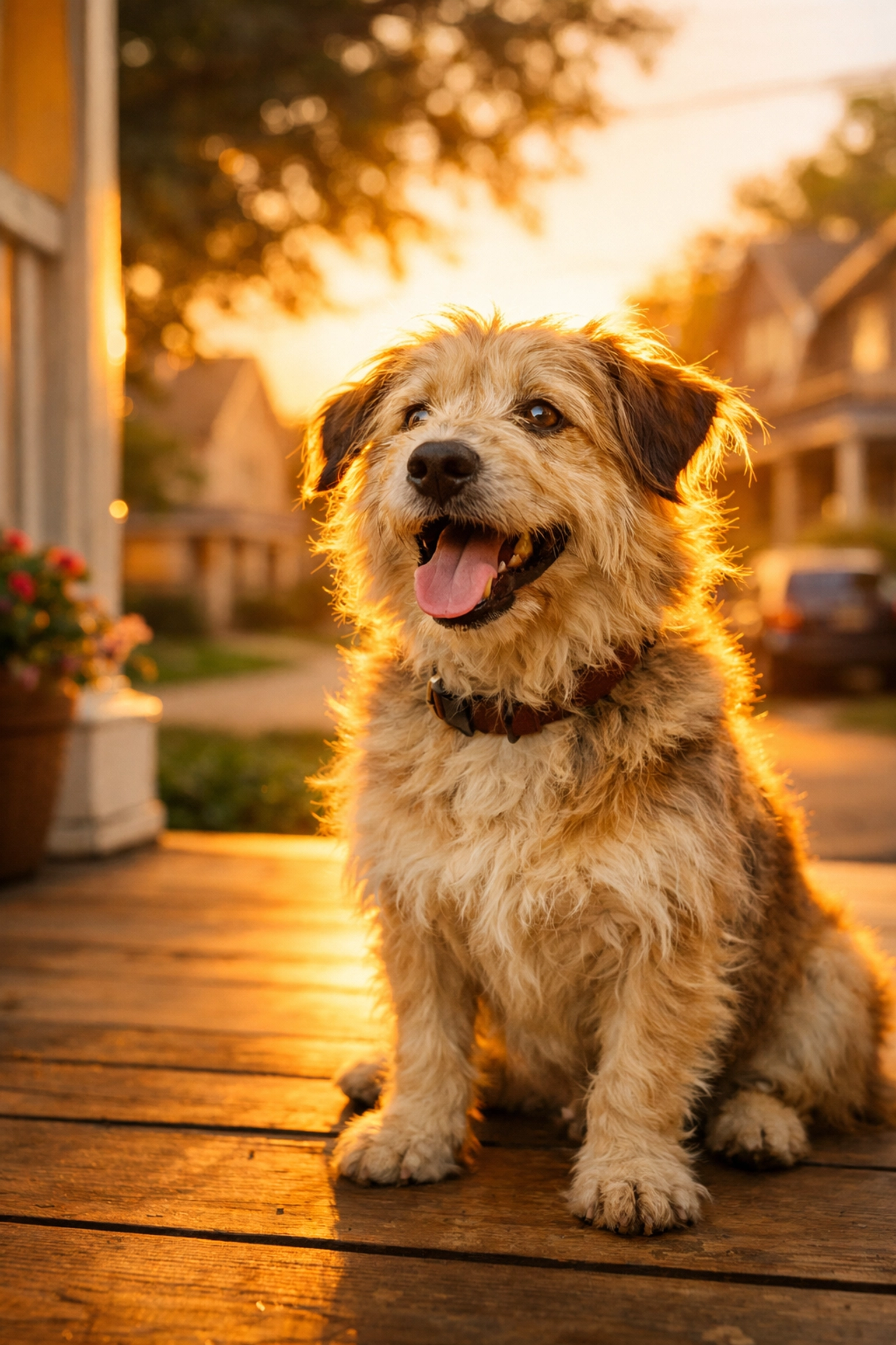 Happy rescue dog on a porch at sunset, showing the impact of choosing to foster a dog near me.