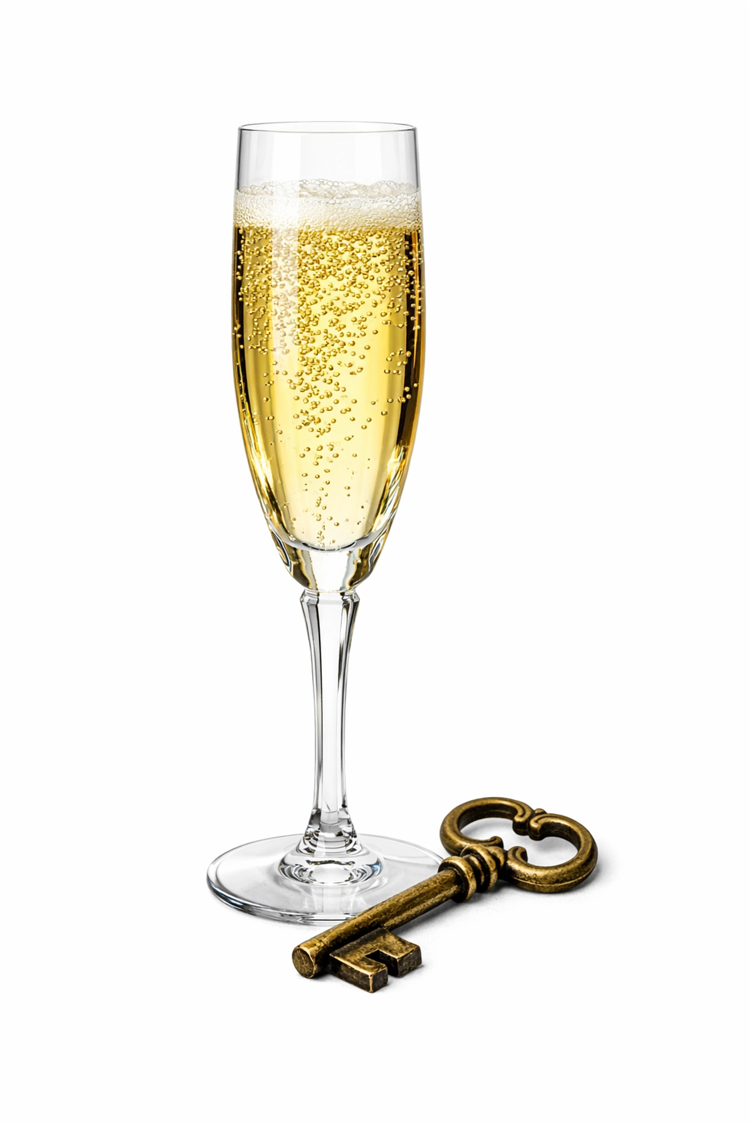 Champagne flute beside a vintage skeleton key, reflecting the intrigue found in kindle short reads on a cruise.